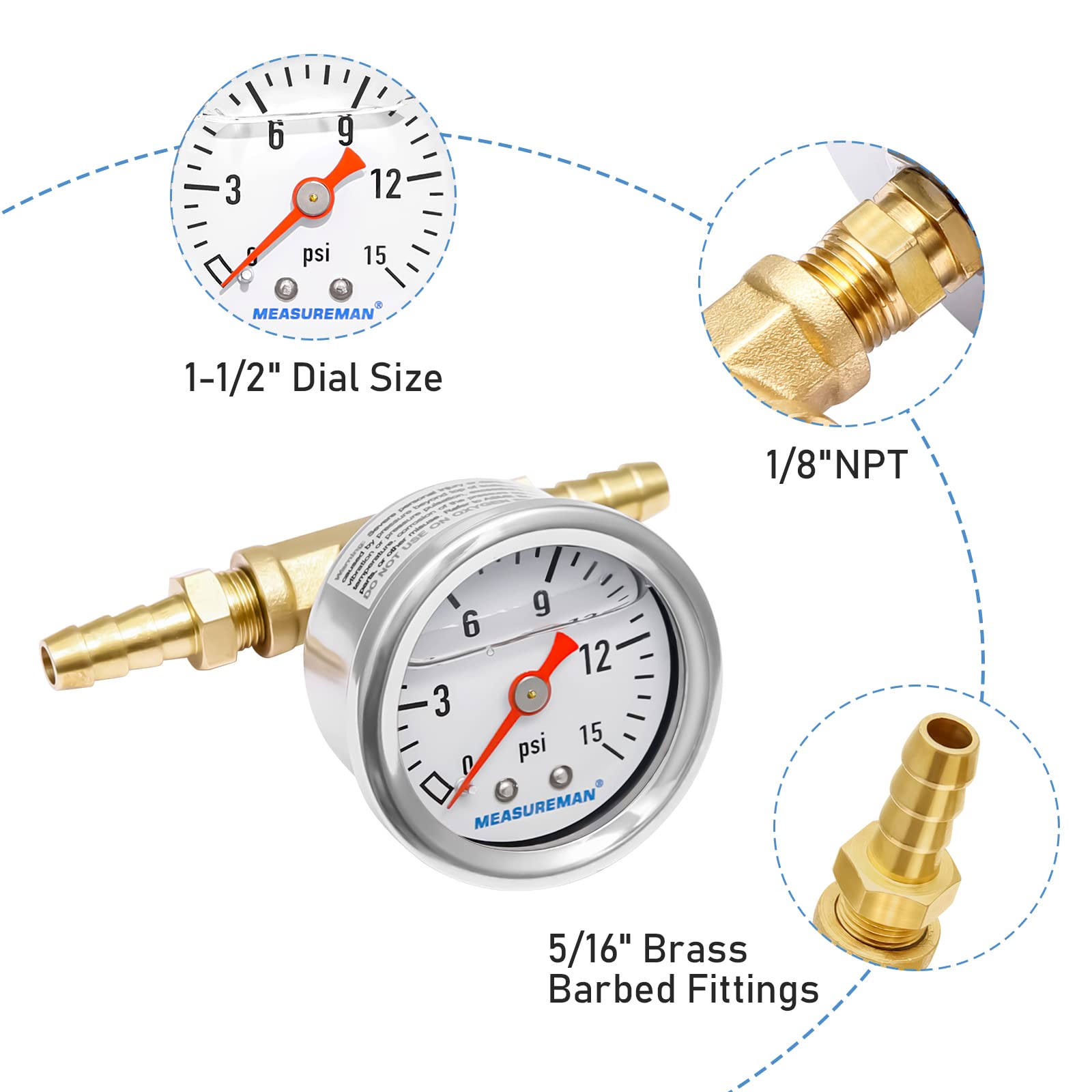 Measureman Fuel Pressure Gauge Kit 0-15Psi Stainless Steel Glycerin Filled, 1-1/2'' Dial Size, With 5/16'' Fuel Line Fuel Pressu