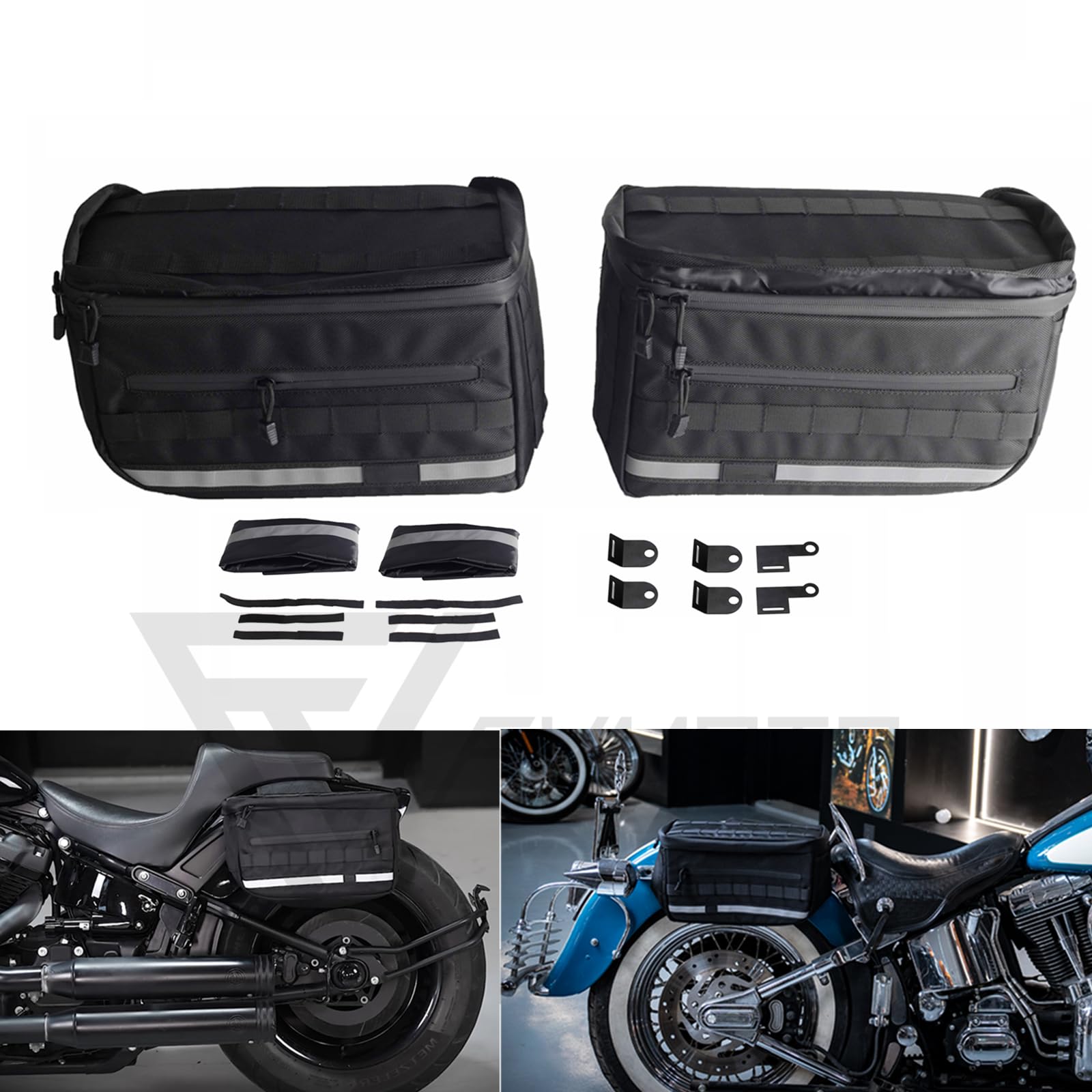 Fvmoto Universal Saddlebags Saddle Luggage Storage Bag Compatible With Harley Softail Dyna Street Bob Wide Super Glide Fxr Fxlrs Low Rider S Sportster, With Reflective Strips, 30L(7.9 Gallons)