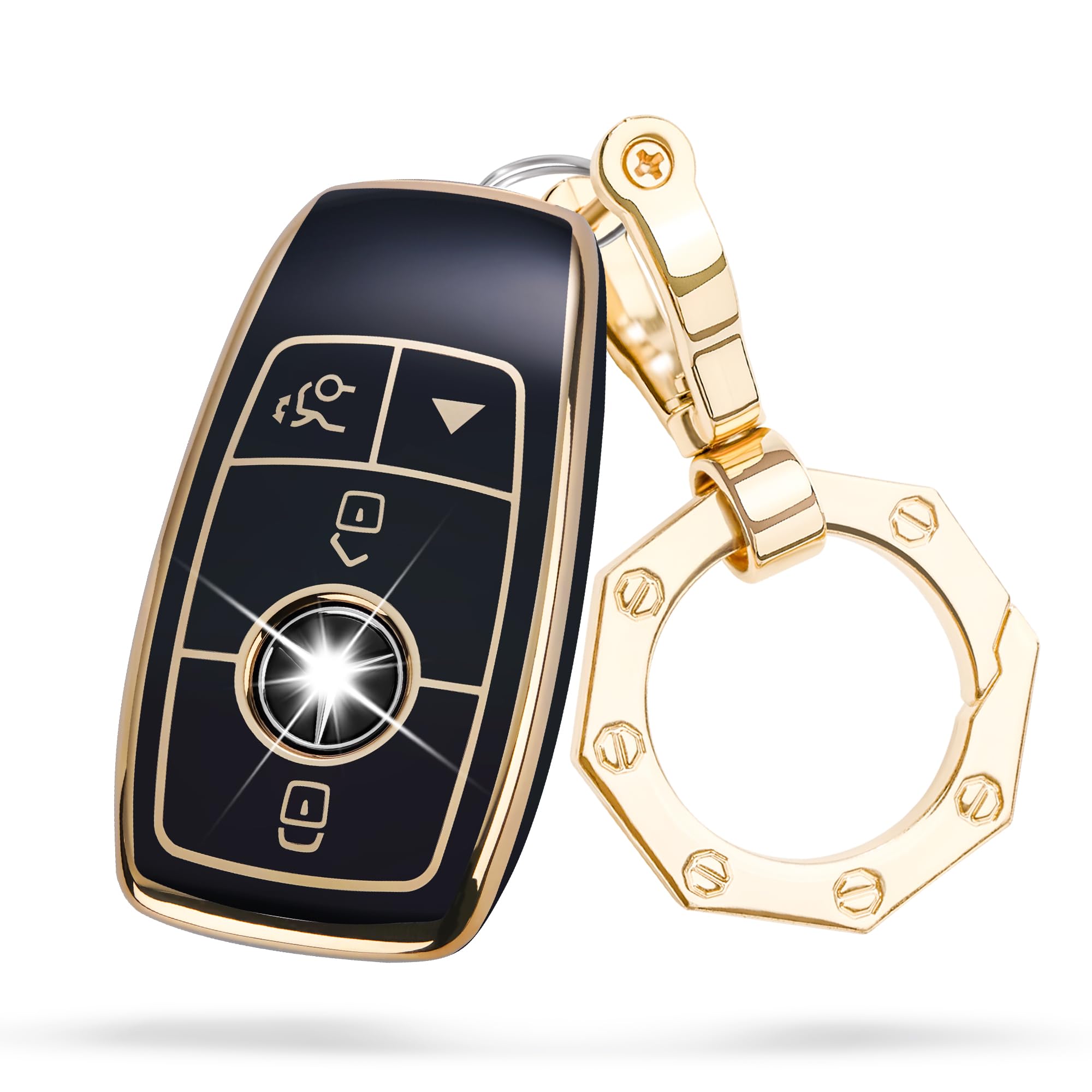 Yhc For Mercedes Benz Key Fob Cover Car Key Case Shell With Gold Keychain Fit E S A C G Class 2017-2024(Black)