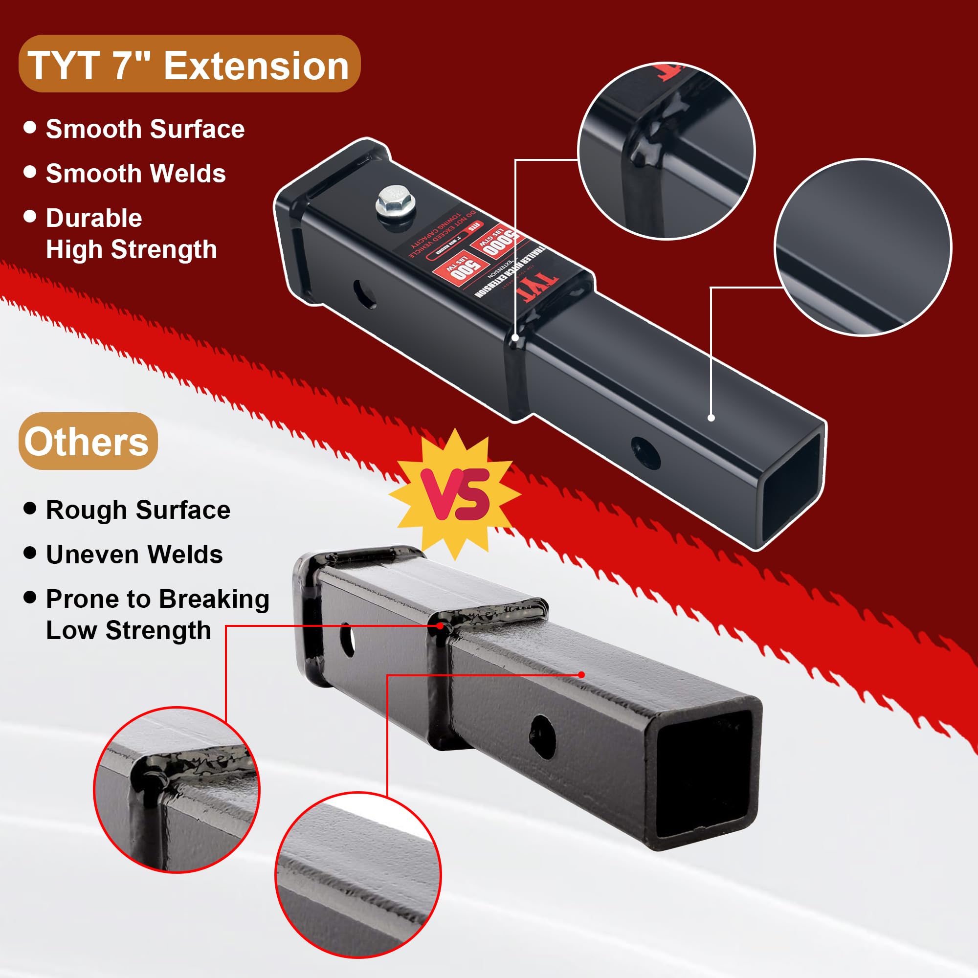 Tyt Trailer Hitch Tube Extender For 2 '' Receiver, 7 Inch Extension Length, With 5/8 Inch Pin And Clip, 5000 Lbs Gtw