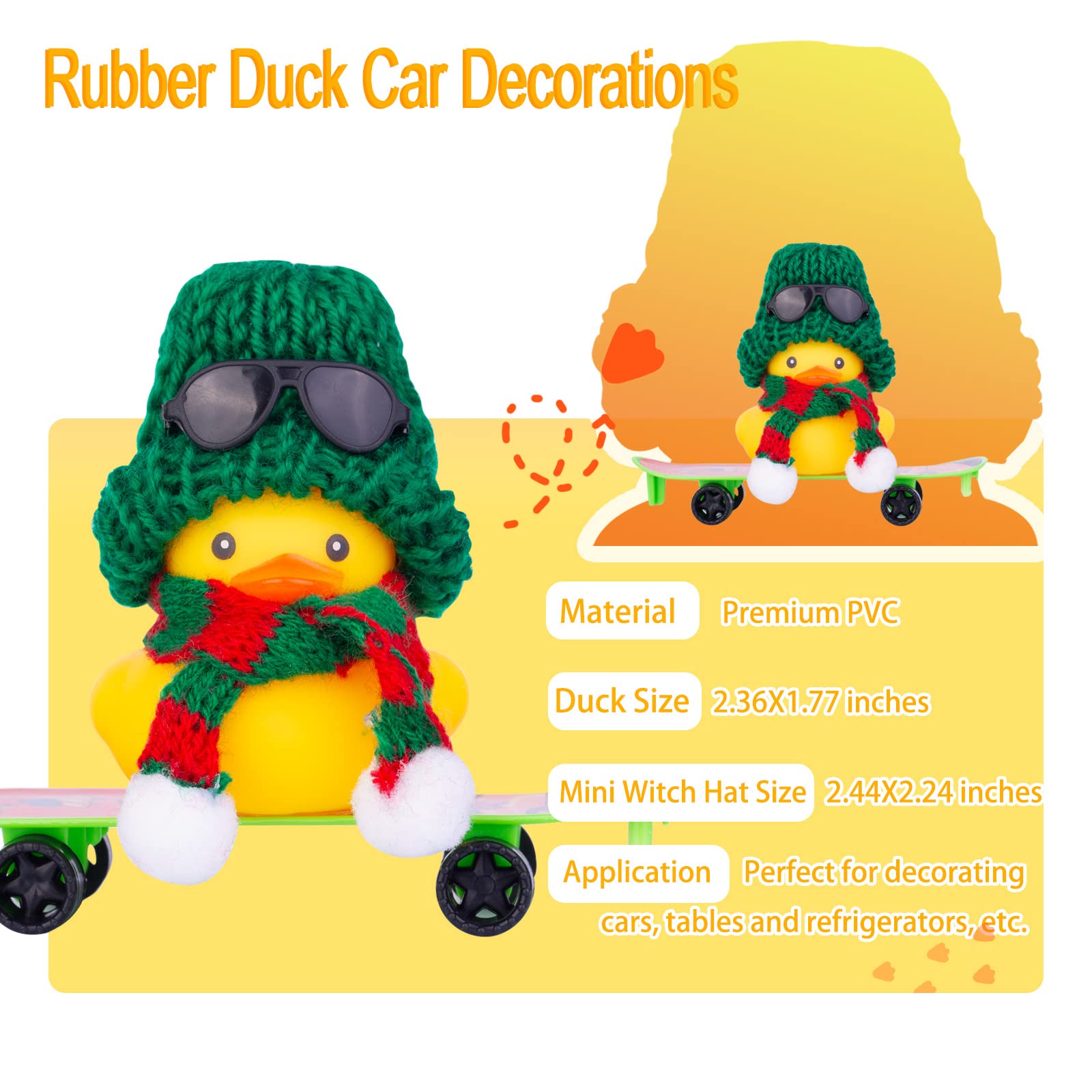 MuMyer Winter Duck Car Dashboard Decorations, Rubber Duck Car Ornaments Accessories with Mini Hat, Sunglasses, Necklace and Skat