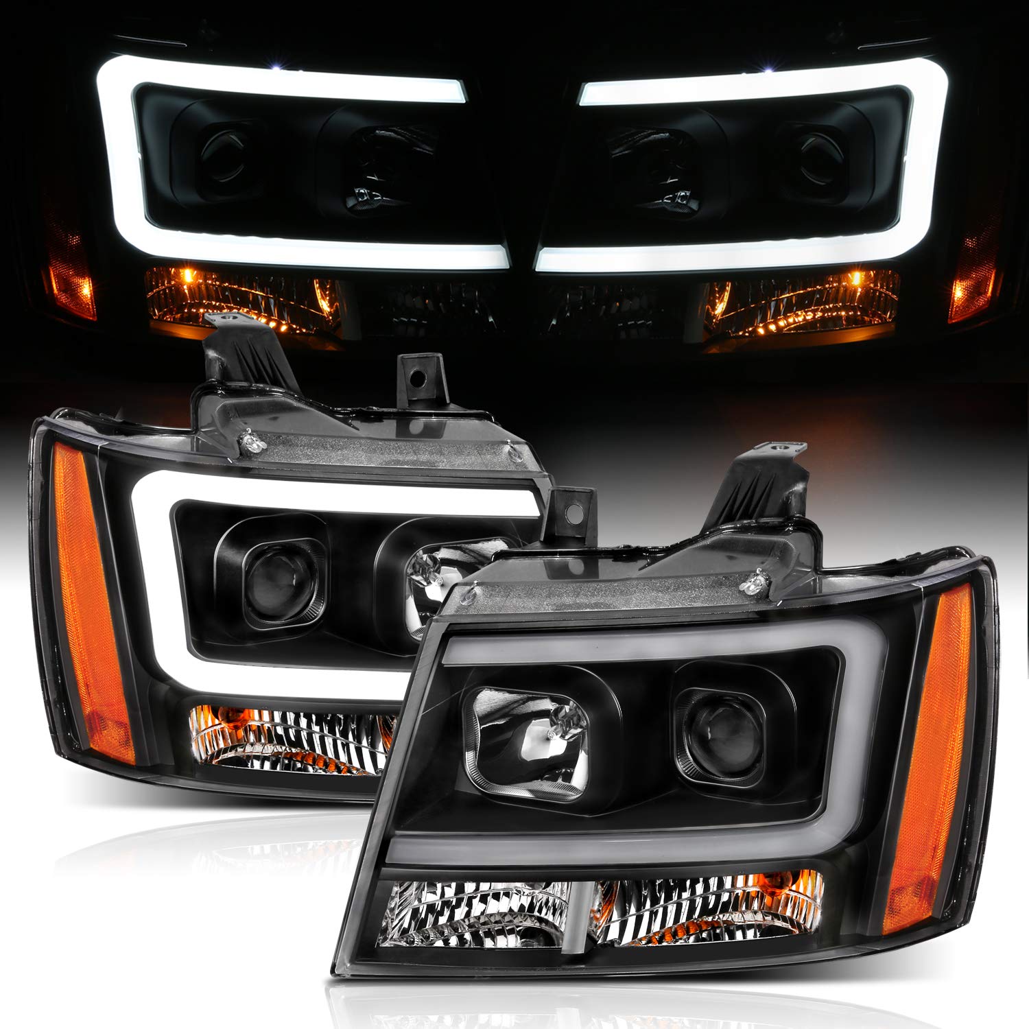 Amerilite For 2007-2013 Chevy Avalanche Suburban Tahoe Super Bright Led Bar Projector Halogen Black Headlights Pair - Passenger