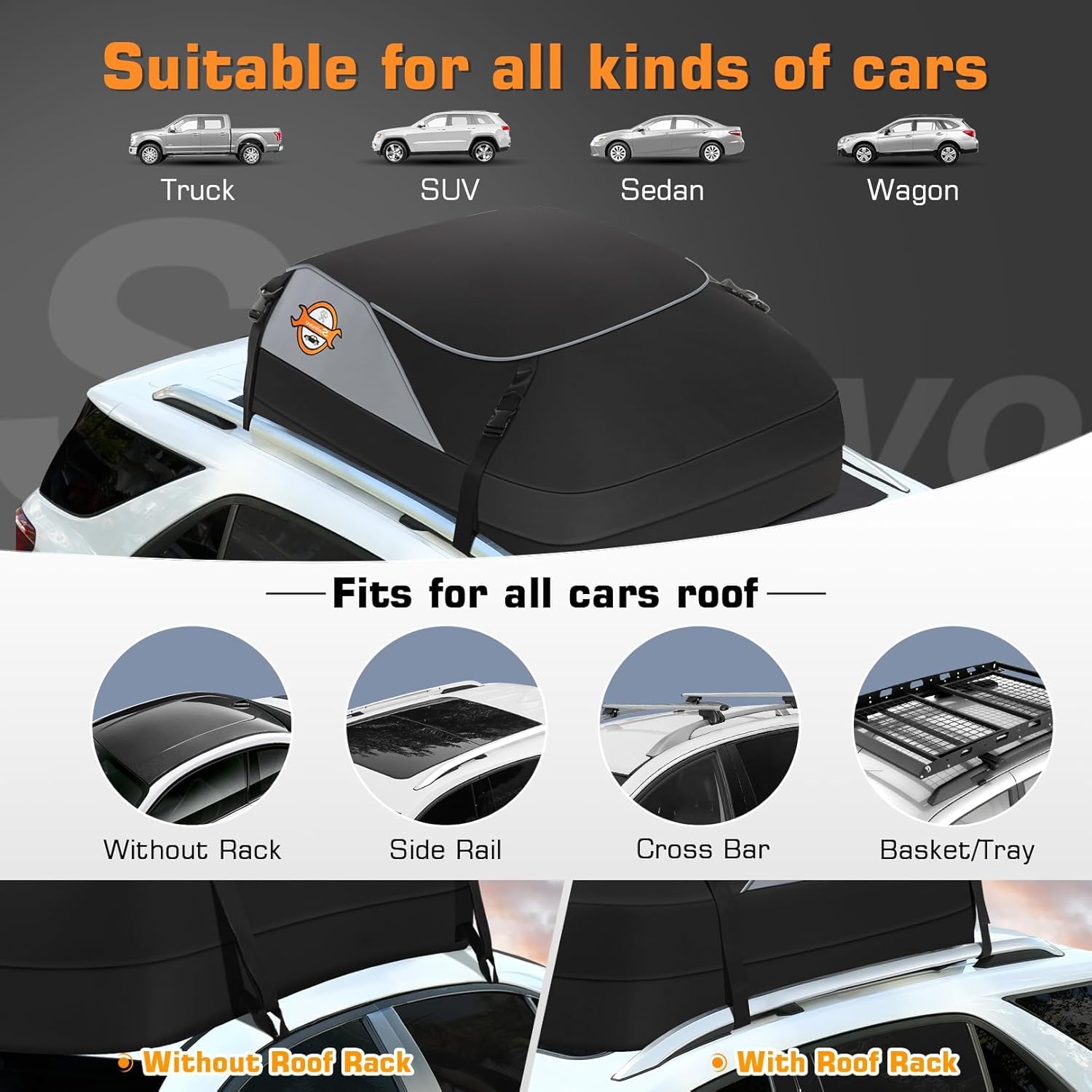 Sailnovo Car Rooftop Cargo Carrier Roof Bag Waterproof 15 Cubic Feet For Top Of Vehicle With/Without Rack Car Top Carrier With 4*Door Hooks, Reinforced Straps & Storage Bag 1000D