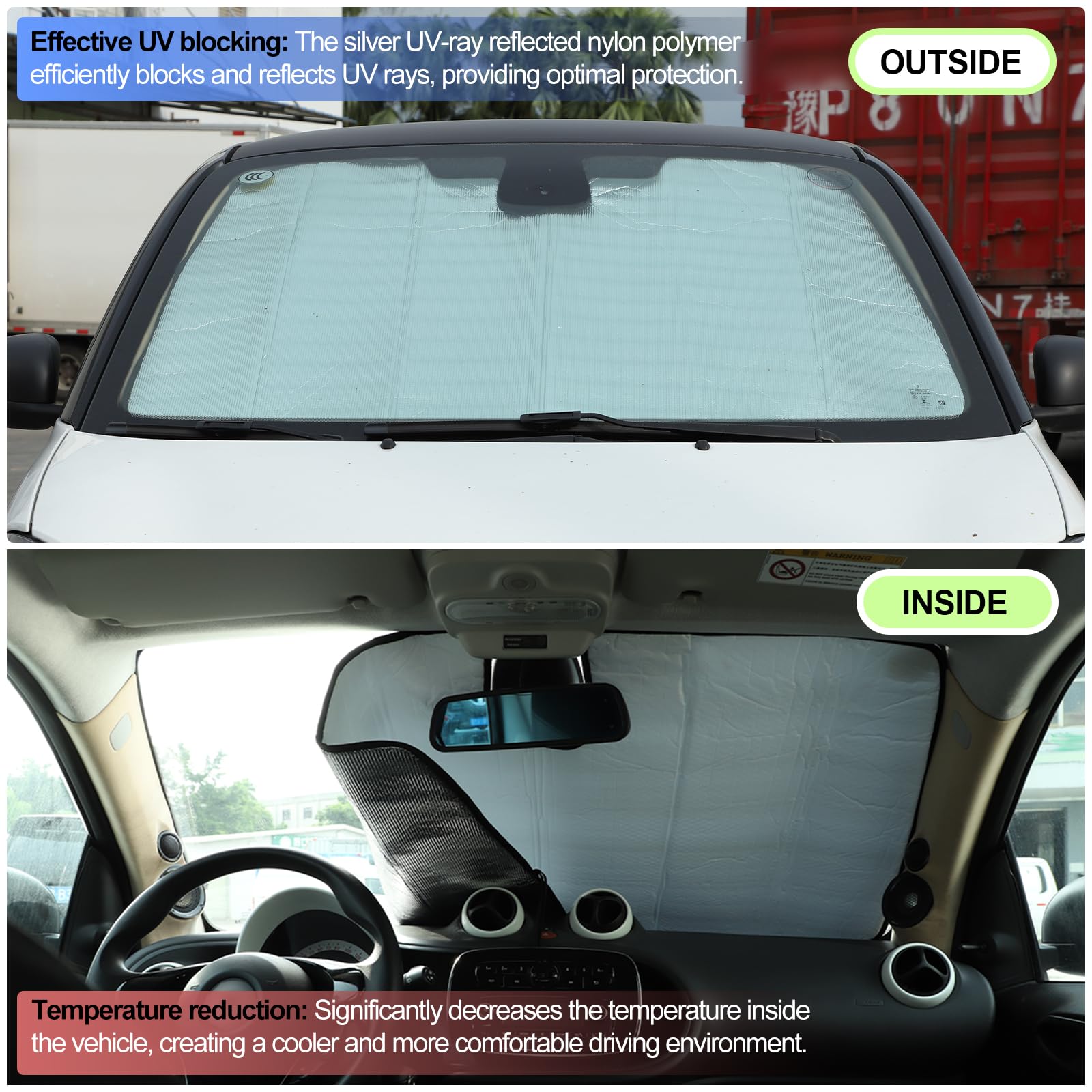 Windshield Sunshade For Benz Smart Fortwo Forfour 453 451 450 2009-2021, Custom Fit Front Windshield Sun Shade, Foldable Reflective Sun Visor, Screen Shield Cover Uv Blocker Protector Heatshield