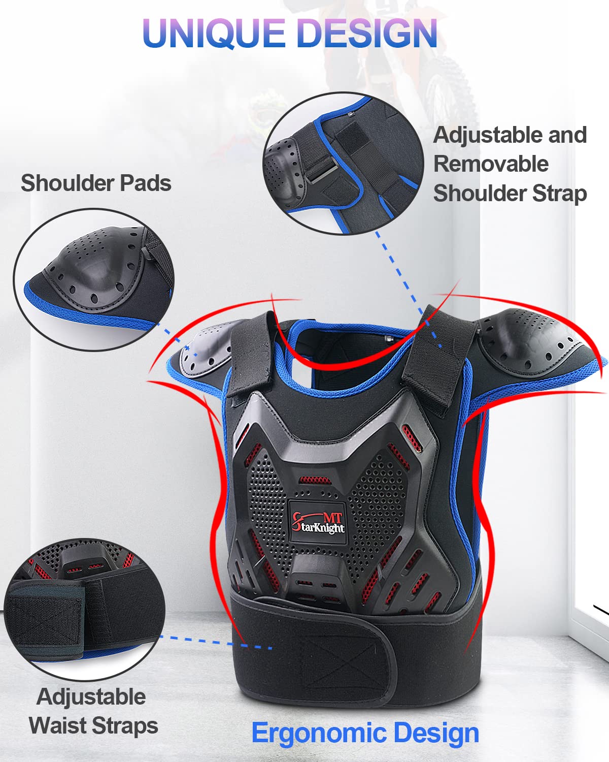 Starknightmt Kids Motorcycle Armor Suit Dirt Bike Gear, Youth Motocross Riding Protector With Knee Elbow Arm Shoulder Protection Pad For Cycling Off-Road Riding Skiing Skating (Blue)