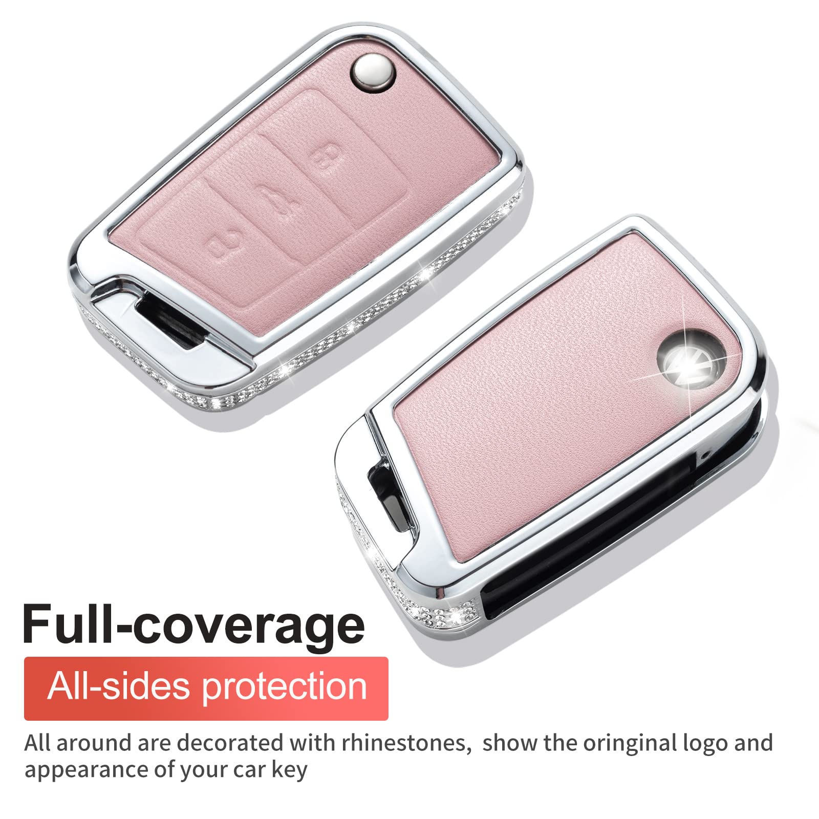 Ruabiban For Vw Volkswagen Key Fob Cover With Keychain, Pink Genuine Leather Crystal Key Case Protection Shell