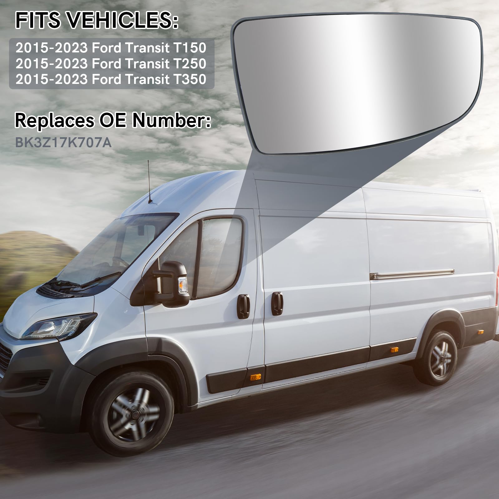 TOP-MAX Driver Left Side Lower Mirror Glass fit Ford Transit T150 250 350 2015 2016 2017 2018 2019 2020 2021 2022 2023 MK8, Left