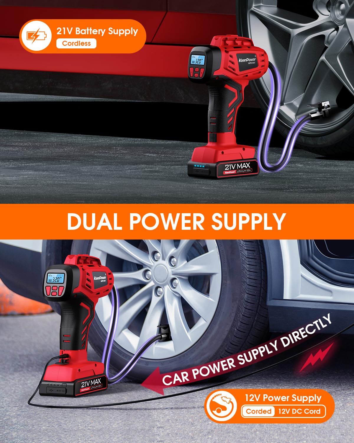 KeenPower Digital Cordless Tire Inflator Portable Air Compressor Automatic 160PSI w/Gauge Screen & 4+N Smart Mode & Dual Power S