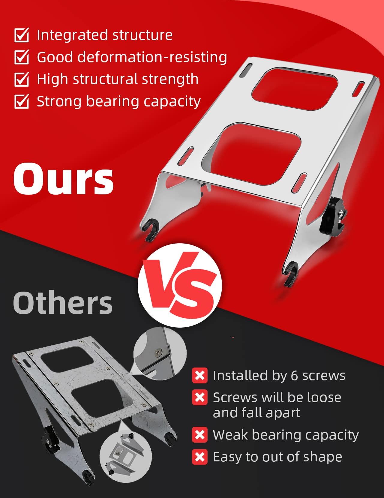 Amazicha Tour Pack Mounting Rack Luggage Rack Chrome Detachable 2 Two Up Tour Pack Bracket Compatible For Harley Davidson Touring Street Glide/Electra Glide/Road Glide/Road King 2014-Later