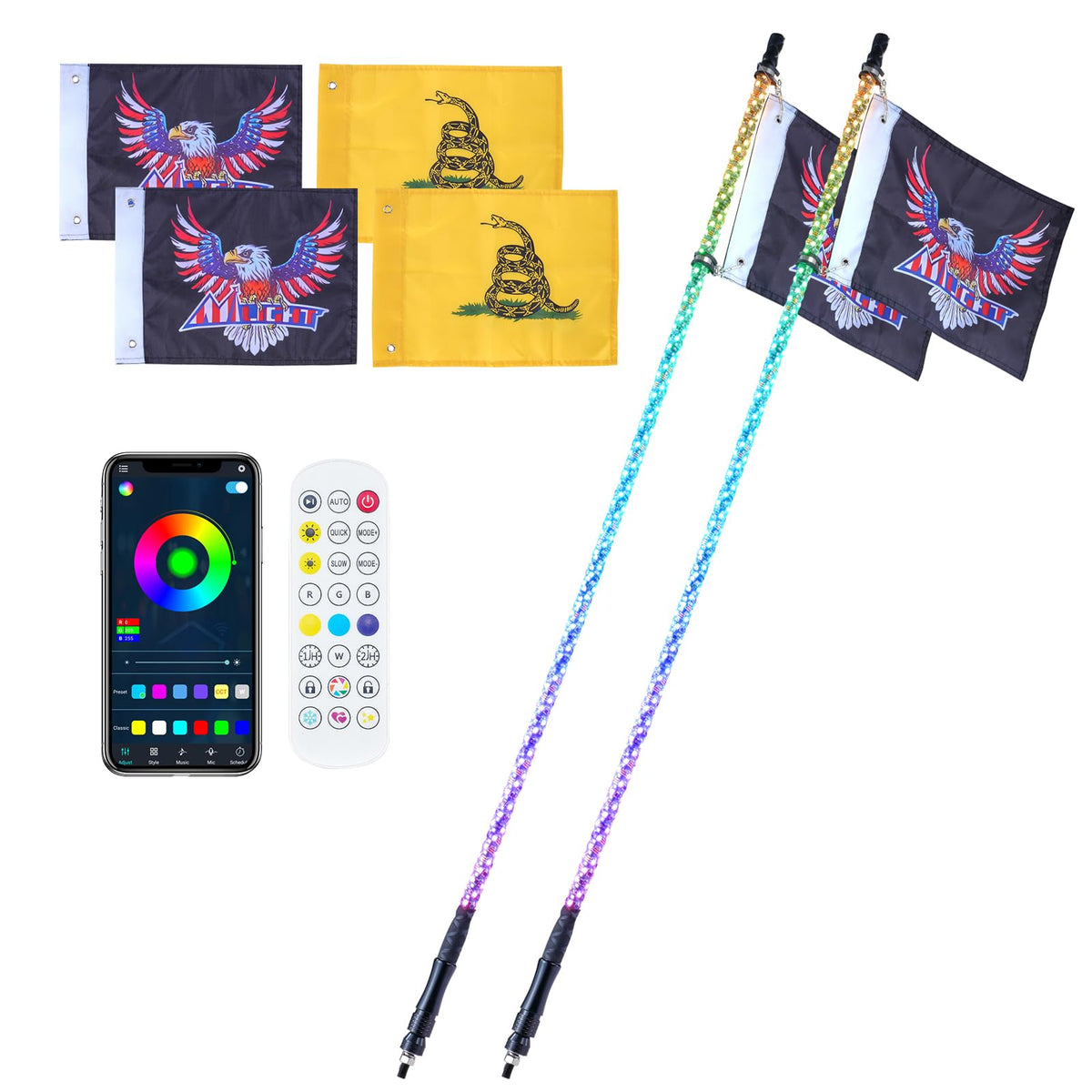 2 PCS 5 FT Whip Light, APP & RF Remote Control Led Whip Light, Waterproof 360 Spiral RGB Chasing Lighted Whips with 4 Flags, for