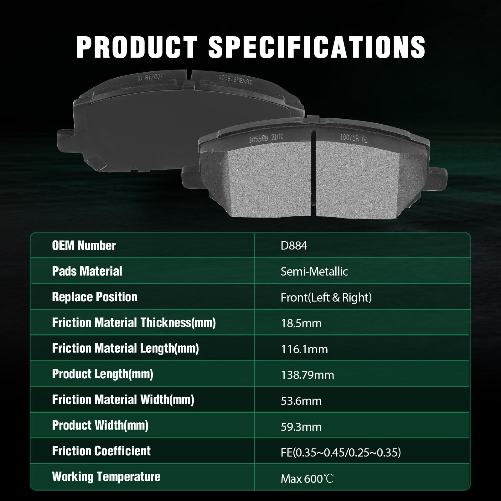 Automuto 4Pcs Front Semi-Metallic Disc Brake Pads Set D884 For Toyota For Highlander 2001-2007