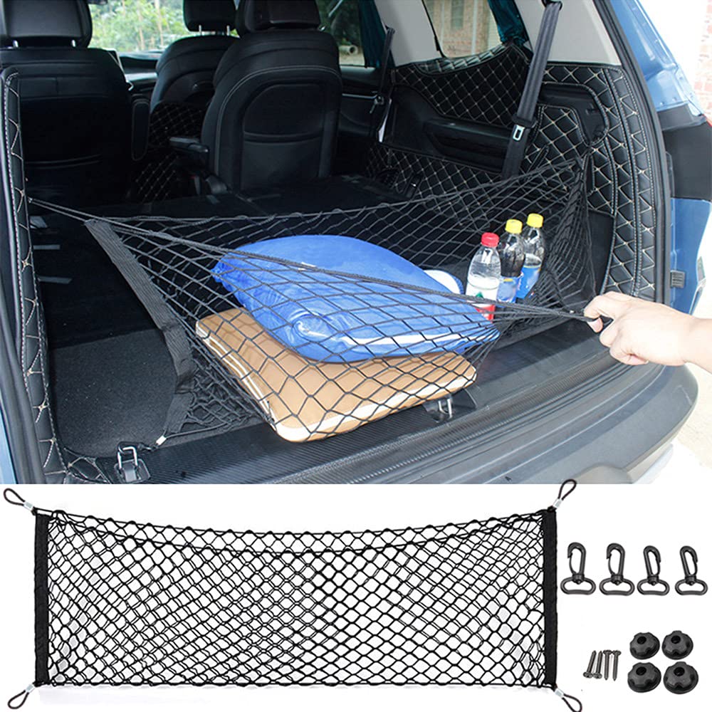 Car Rear Cargo Net, Universal Adjustable Elastic Trunk Cargo Storage Organizer Net Compatible For Suv, Jeep, Truck, Storage Nylo