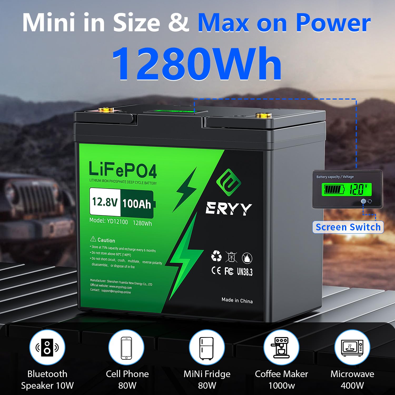 Eryy 12V 100Ah Lifepo4 Battery - 2 Pack, Rechargeable 12V Lithium Batteries With 100A Bms, Voltmeter, 5000+ Deep Cycle 1.28Kwh H