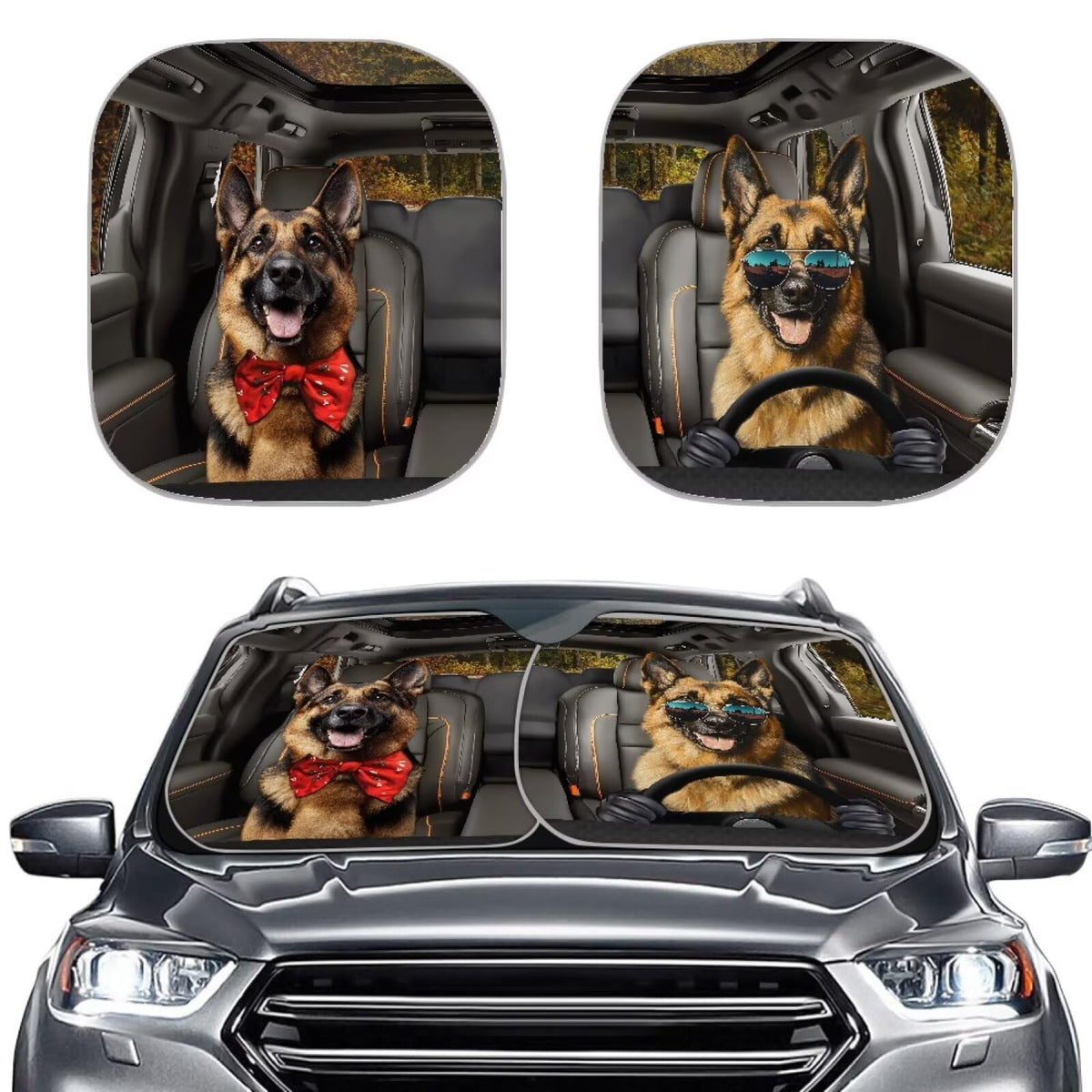 Renewold 2Pcs Sunshade For Car Windshield German Shepherds Animal Driving Reflective Blocks Heat Sunlight Foldable Sun Shade Shi