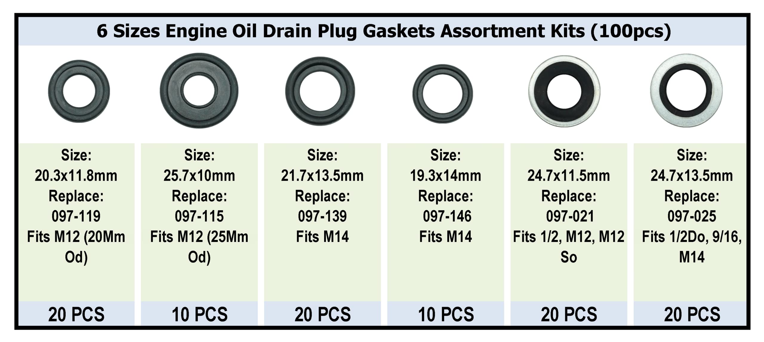 Dsnaduo 100PCS 6 Sizes Engine Oil Drain Plug Gaskets, Washer Assortment Kits Replace 097-836CD, F5TZ-6734-BA, 097-119, 097-115,