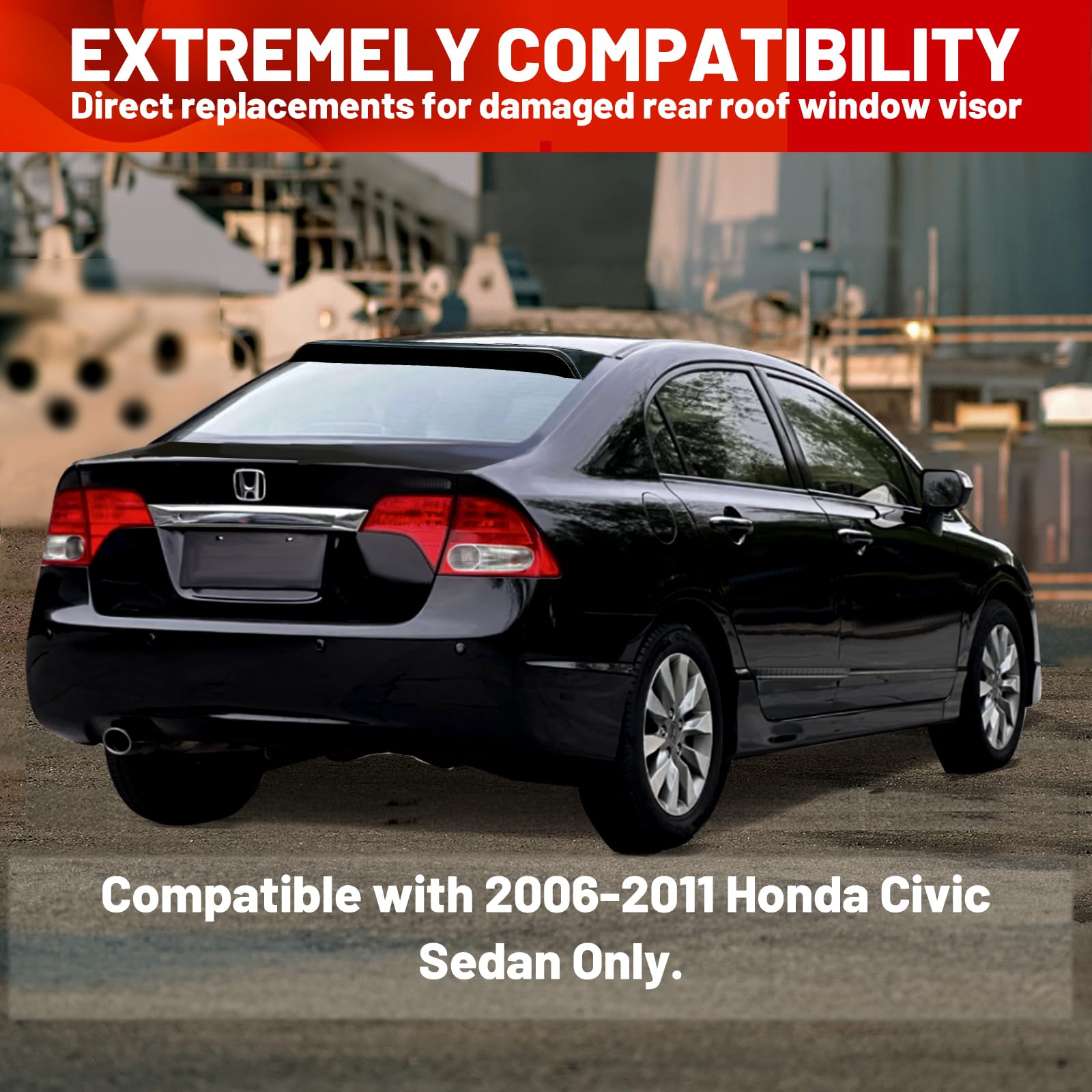 Ecotric Window Deflector Roof Spoiler Compatible With 2006-2011 Honda Civic 4Dr Sedan Black Rear Visor Vent Wing Abs Guards Shade