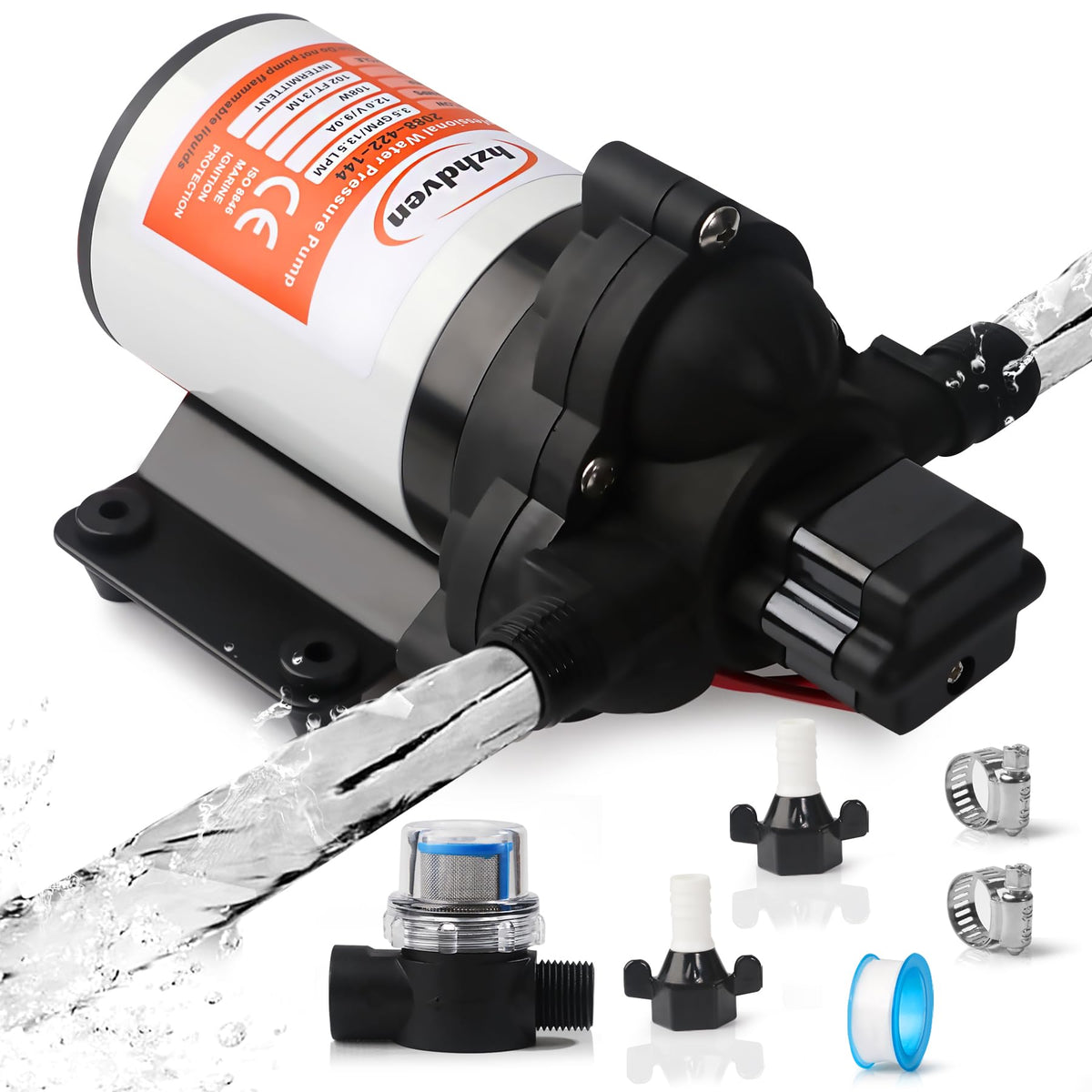 Upgraded 2088-422-144 RV Fresh Water Pump,3.5GPM Self-Priming Diaphragm Water Pump,45Psi 1/2MNPT Connection,Pressure Switch and 