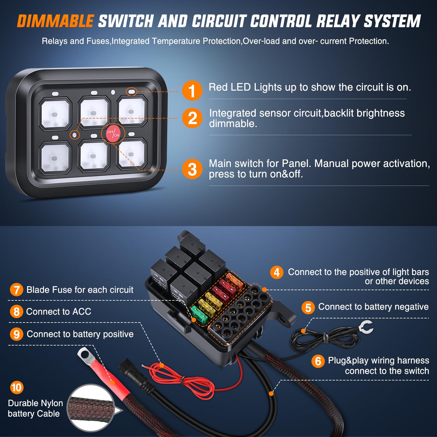 Nilight 6 Gang Switch Panel Universal Circuit Control Relay System With Fuse Wiring Harness Automatic Dimmable On-Off Led Switch