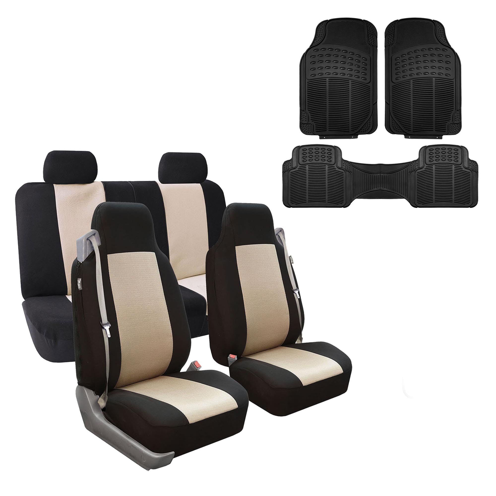 Fh Group Fh-Fb302114 All Purpose Flat Cloth Car Seat Covers Beige/Black Color With F11306 Vinyl Floor Mats, Beige/Black Color -