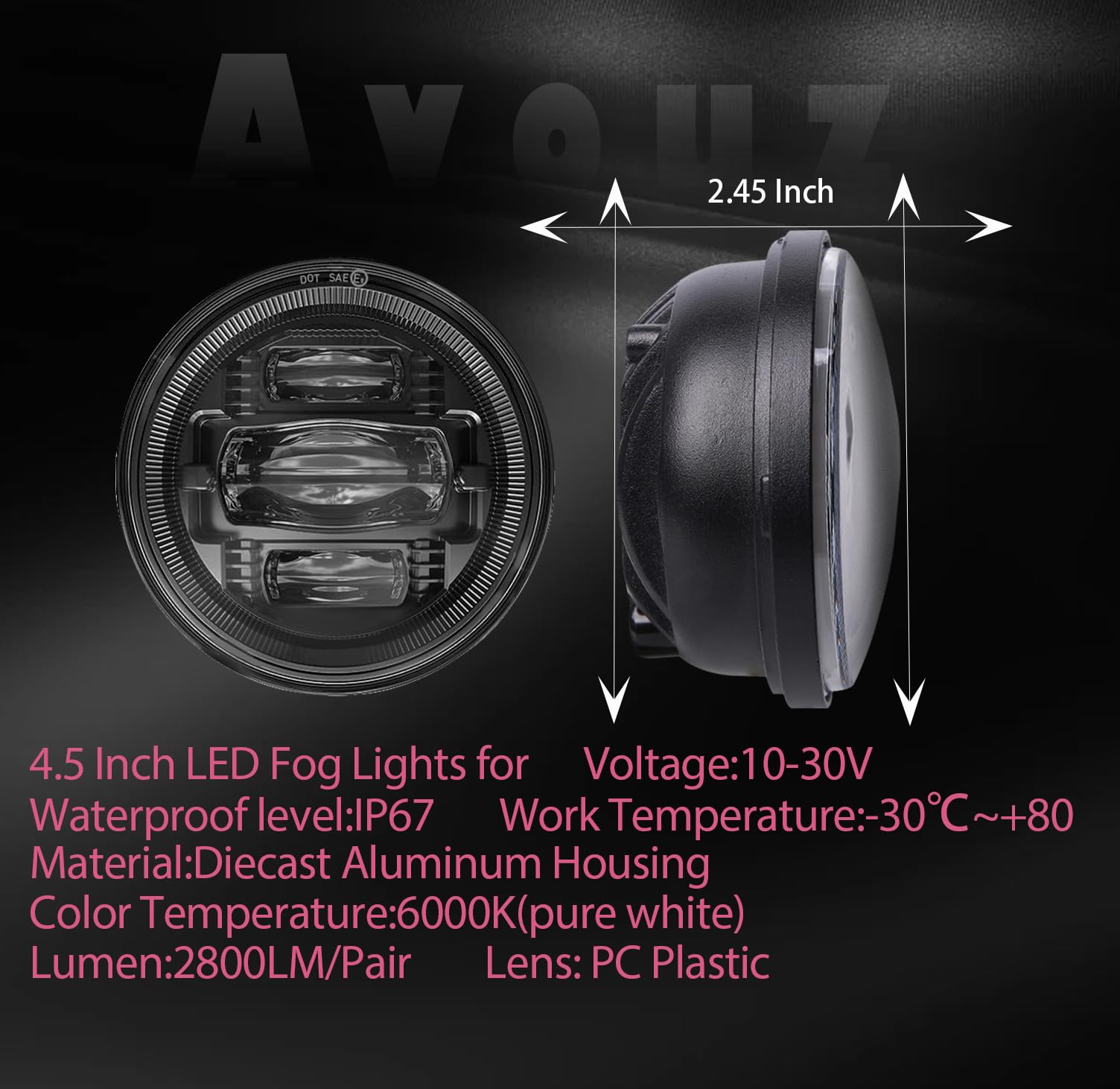 AVOUZ 7 Inch Motorcycle LED Headlight 4.5'' Fog Passing Lamps DOT Kit for Harley Davidson Street Glide Road King Electra Glide F