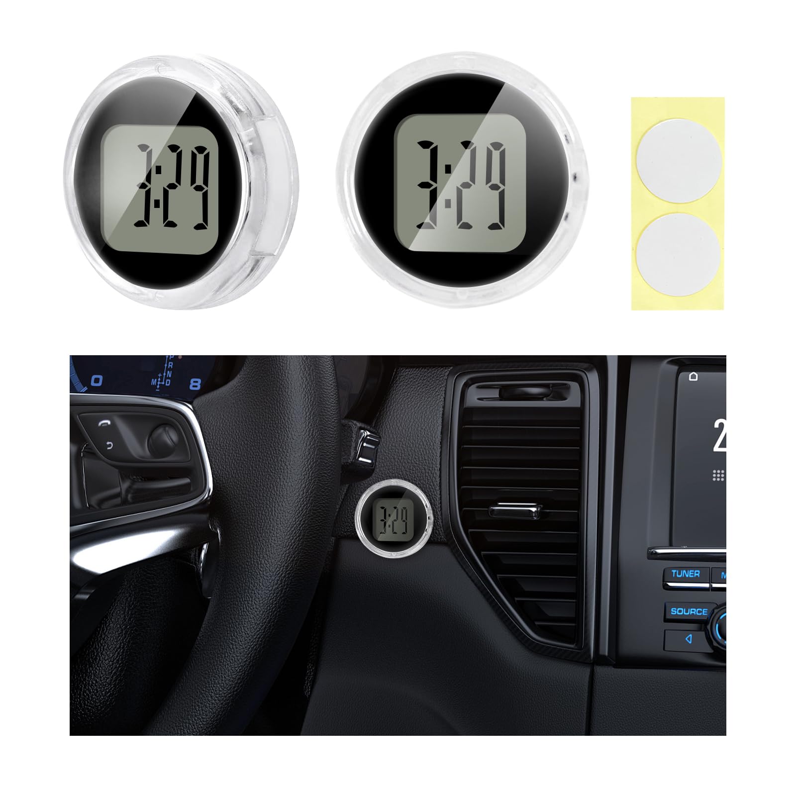 Suvnie 2 PCS Mini Motorcycle Clocks, Waterproof Motorbike Handlebar Digital Clock, 1.1 Inch Stick-On Dashboard Mount Watch, Univ