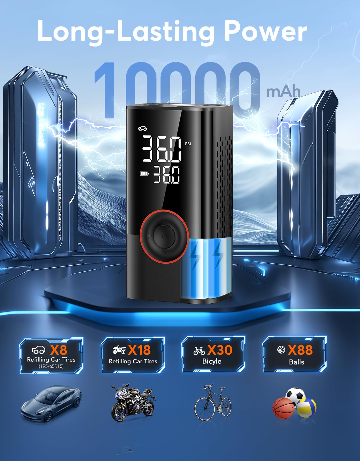Omq Tire Inflator Portable Air Compressor, 150Psi Smart Air Pump For Car Tires With Led Light, Cordless Tire Pump With Digital P