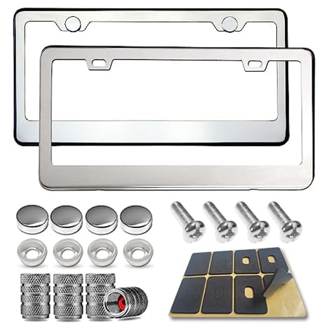 Bggtmo Stainless Steel License Plate Frames- Heavy Duty Metal Car Tag Cover For Front & Rear, 2 Pack Slim Holders With Chrome Screws Caps For Women/Men, Rust/Rattle Proof Pads, Tire Valve Stem Caps