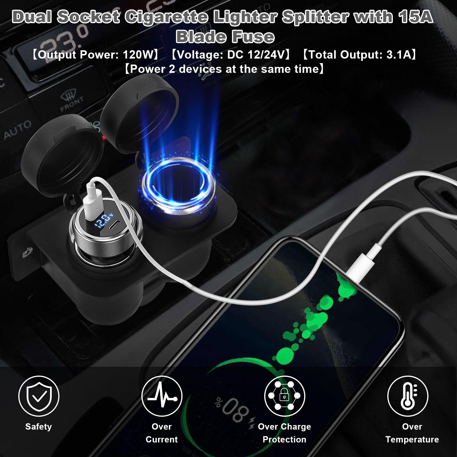 1Pcs Cigarette Lighter Socket With Blade Fuse, 2-Socket Cigarette Lighter Splitter 12V Lighter Power Outlet Replacement Waterproof Plug For Car Marine Truck Atv Rv