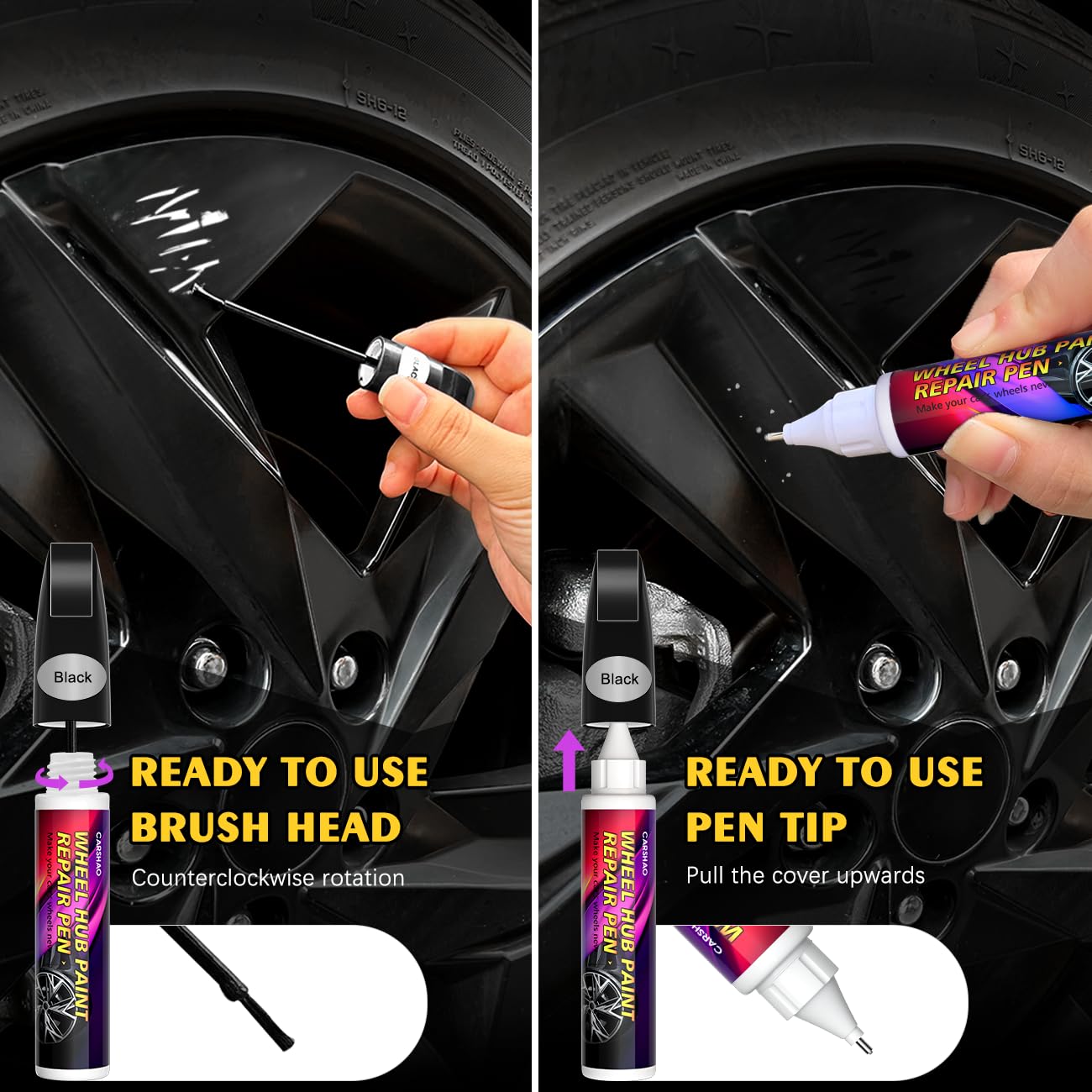 Touch Up Paint Wheel Scratch Fix Cars Rim Scratch Repair Pen Portable Quick And Easy for Car Wheel (Black+Varnish)