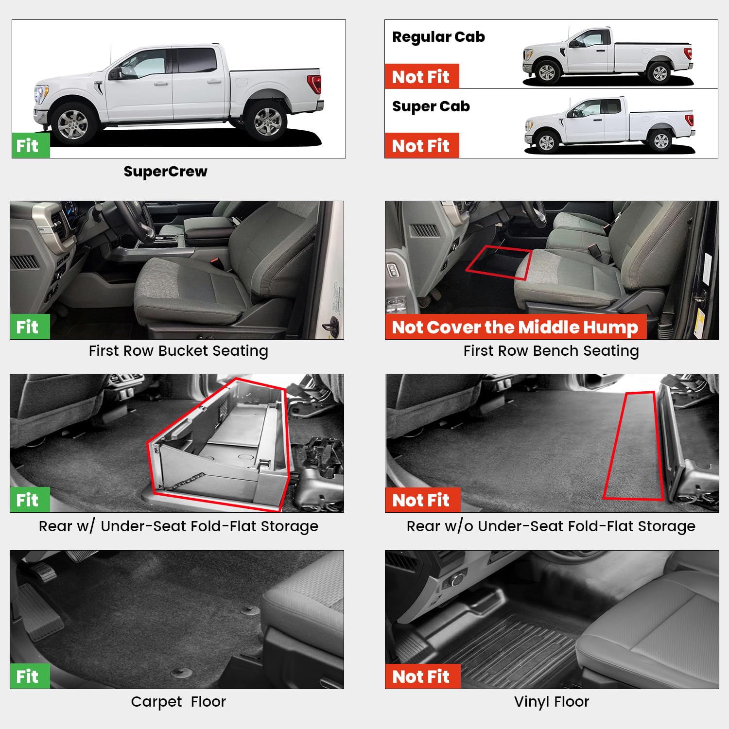 Lasfit Floor Mats For Ford F-150 2015-2025 | F150 Lightning 22-24 Supercrew (Rear With Fold Flat Storage) All Weather Car Liners