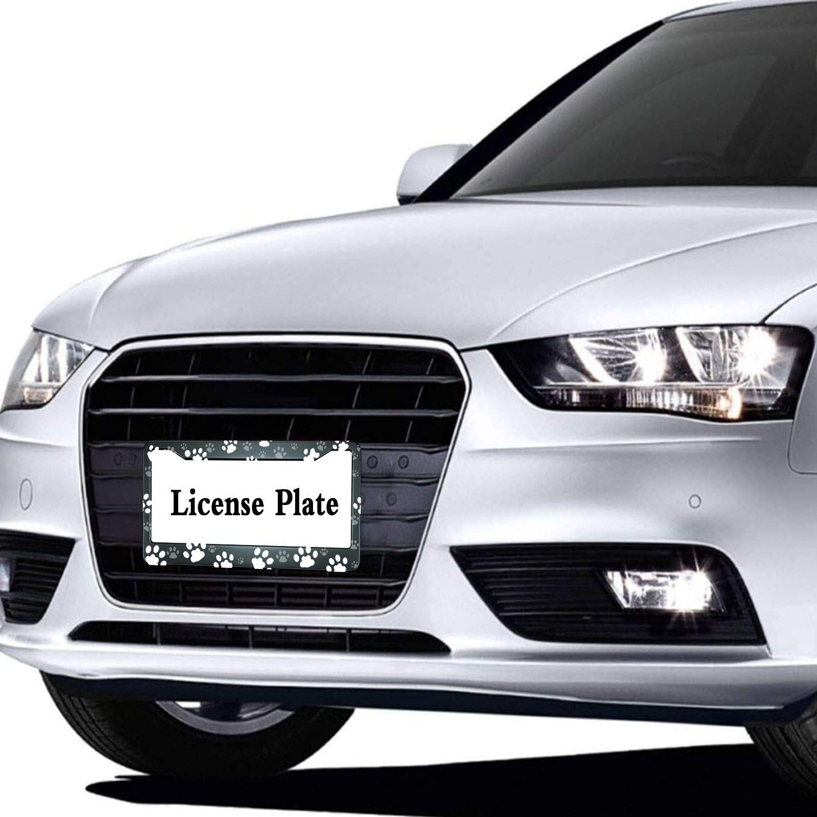 HOSNYE Dog Paw Print License Plate Frame White and Gray Metal License Plate Cover Front Plates Frames Car Tag Frame for Women Me