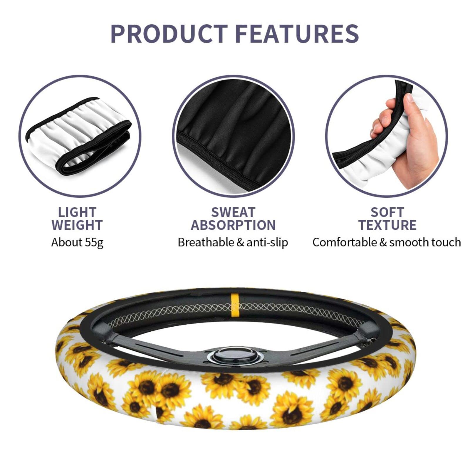 Yellow Sunflower Flower Steering Wheel Cover for Women Men with 2 Pcs Car Coasters, Universal 14.5-15 Inch Rainbow Steering Whee