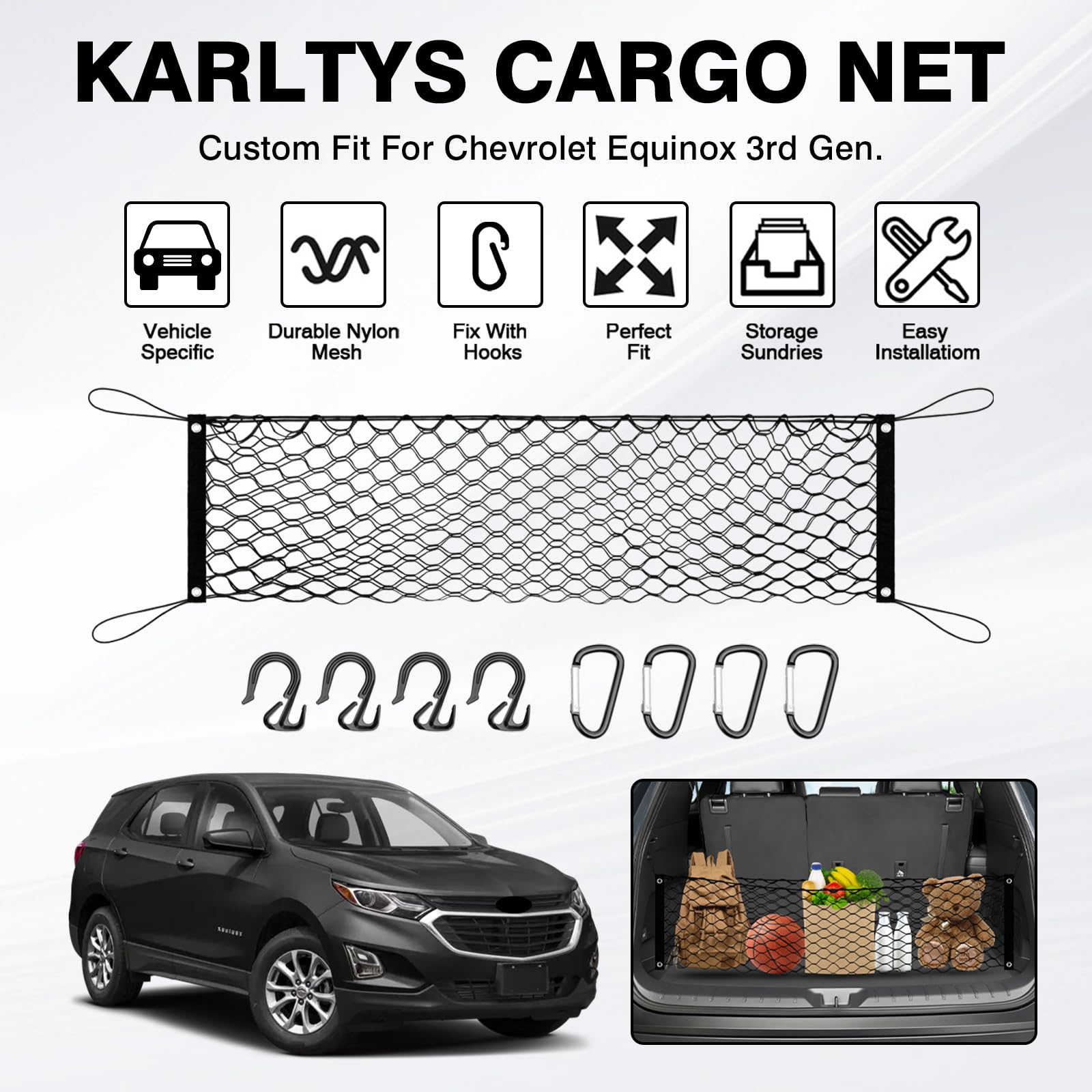 Karltys Envelope Style Cargo Net For 2018-2024 Chevy Equinox And Gmc Terrain, Elastic Heavy Duty Rear Trunk Mesh Cargo Netting S