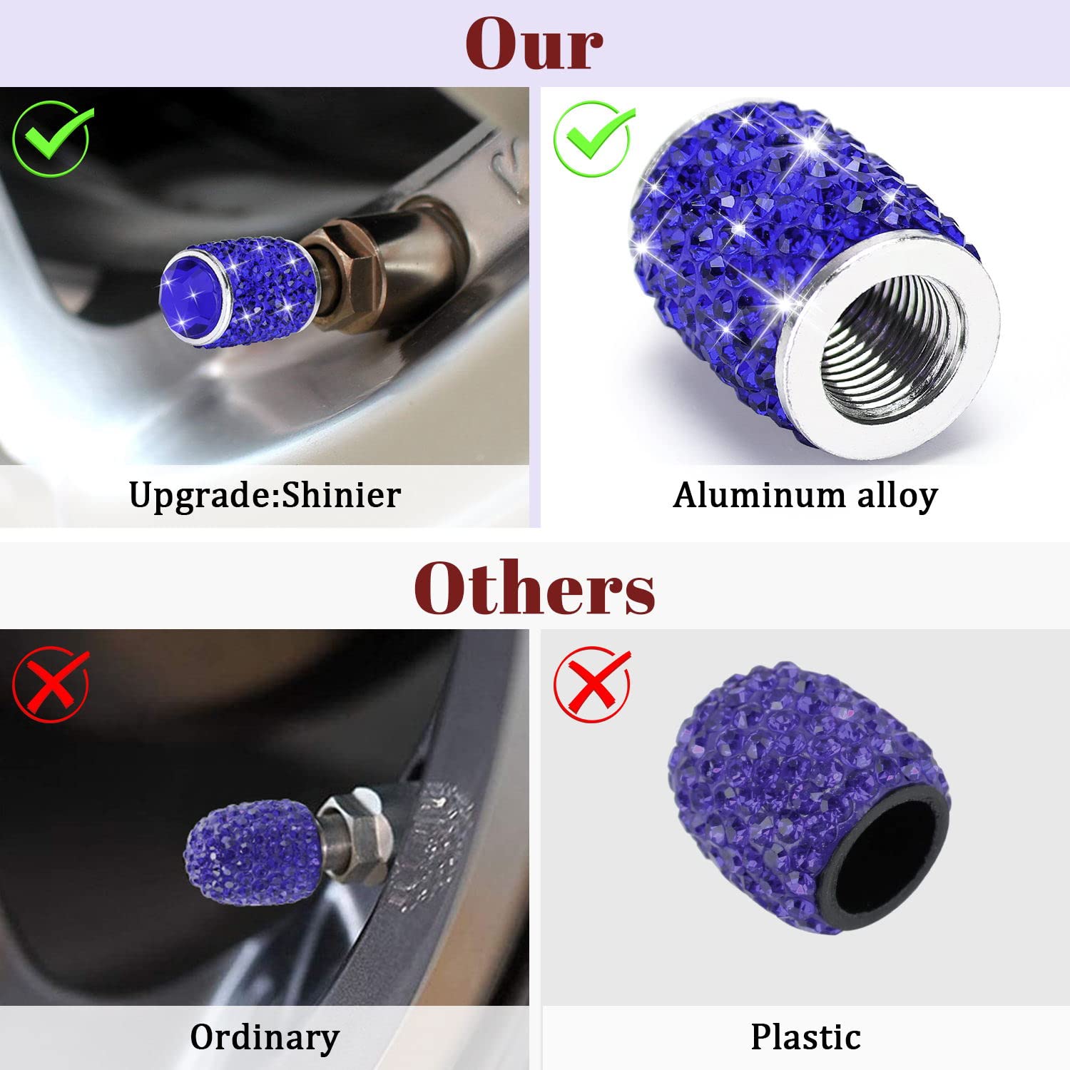 ToBeQueen Blue Bling Tire Valve Caps, 4 Pack Handmade Crystal Rhinestone, Universal Dustproof Car Accessories, Dark Blue