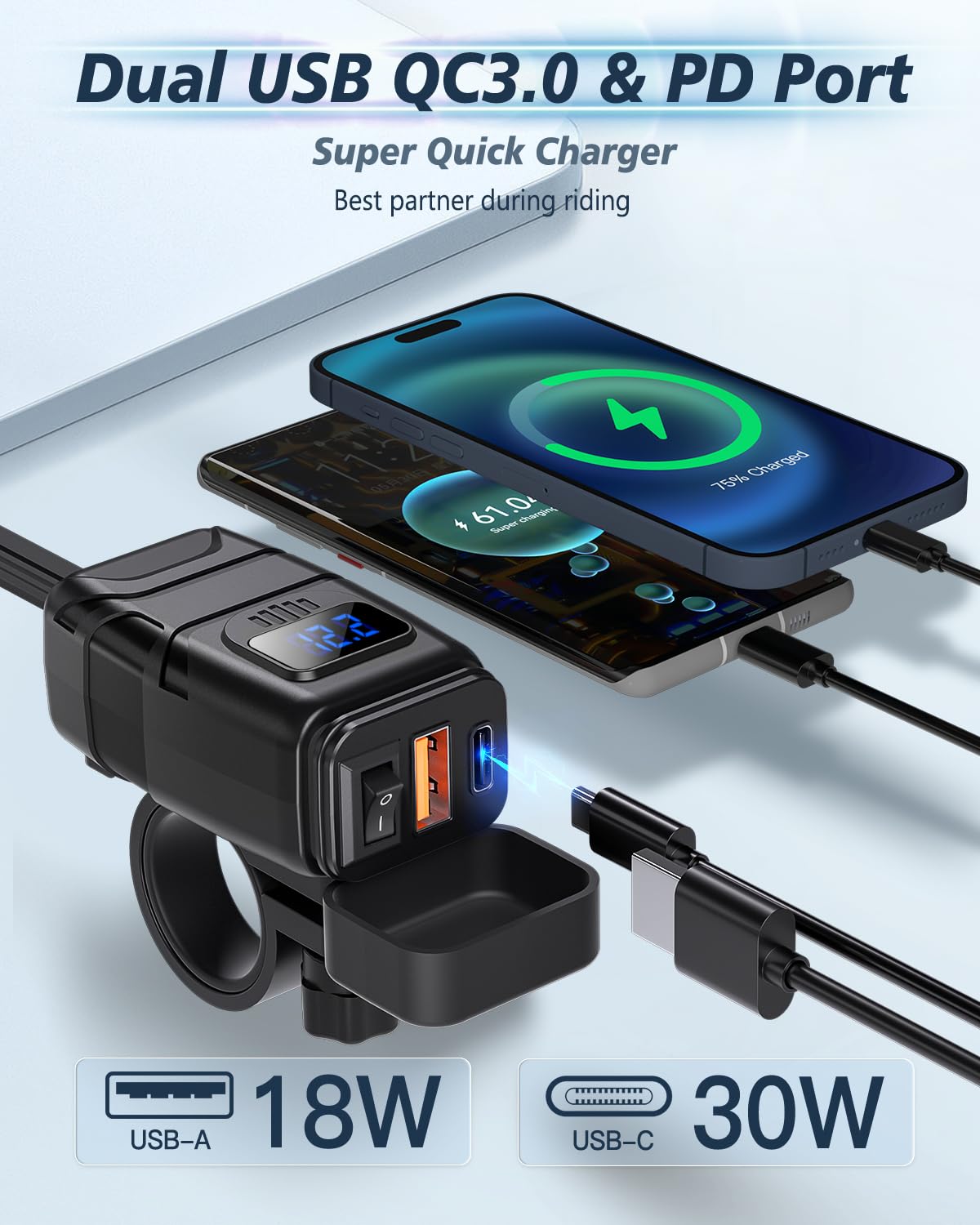 Extractme Motorcycle Phone Charger, 6.4A Dual Usb Type C Pd & Quick Charge 3.0 Motorcycle Usb Charger With Voltmeter & On/Off Sw