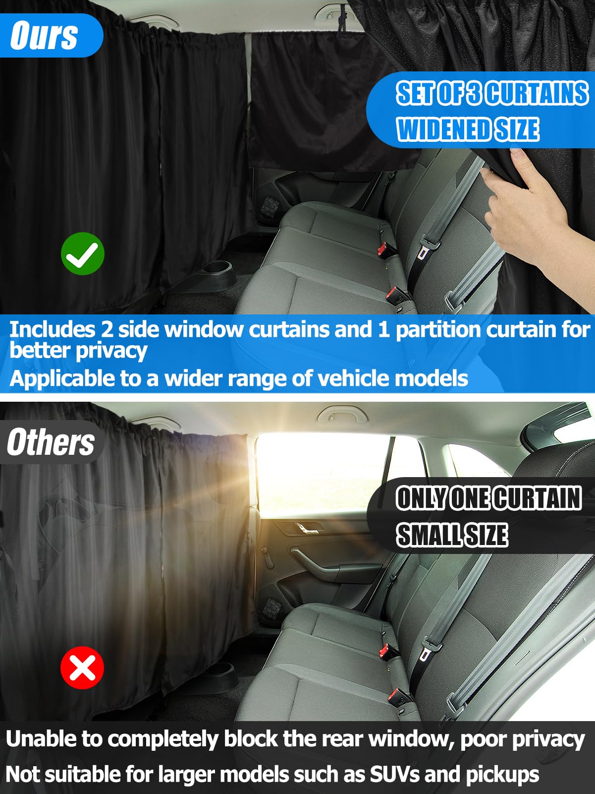 Set Of 3 Car Window Shades - 95% Light Blocking Sunshades, 1 Privacy Divider Curtains & 2 Side Window Covers, Wide Sedan Suv Acc