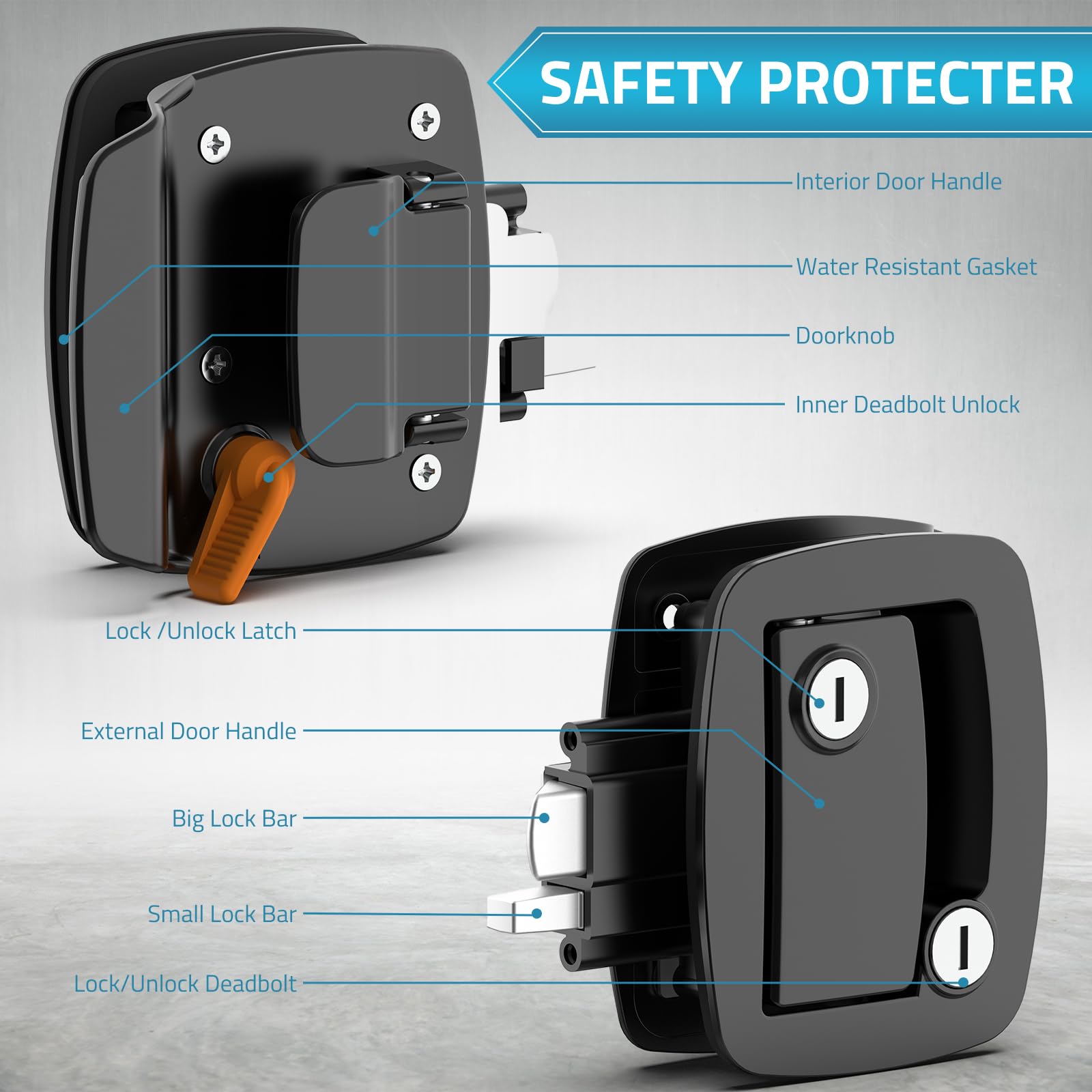 Paulinn Rv Door Lock Replacement - Black 100% Paddle Deadbolt Lock, Ip67 Waterproof Camper Door Lock With 4 Keys For Horse Trail