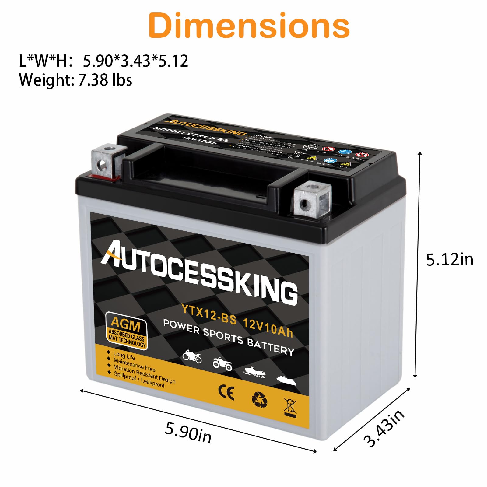 Ytx12-Bs Motorcycle Battery, 12V 10Ah Rechargeable Maintenance Free Sealed Agm Battery Powersport Replacement Battery For Atv An