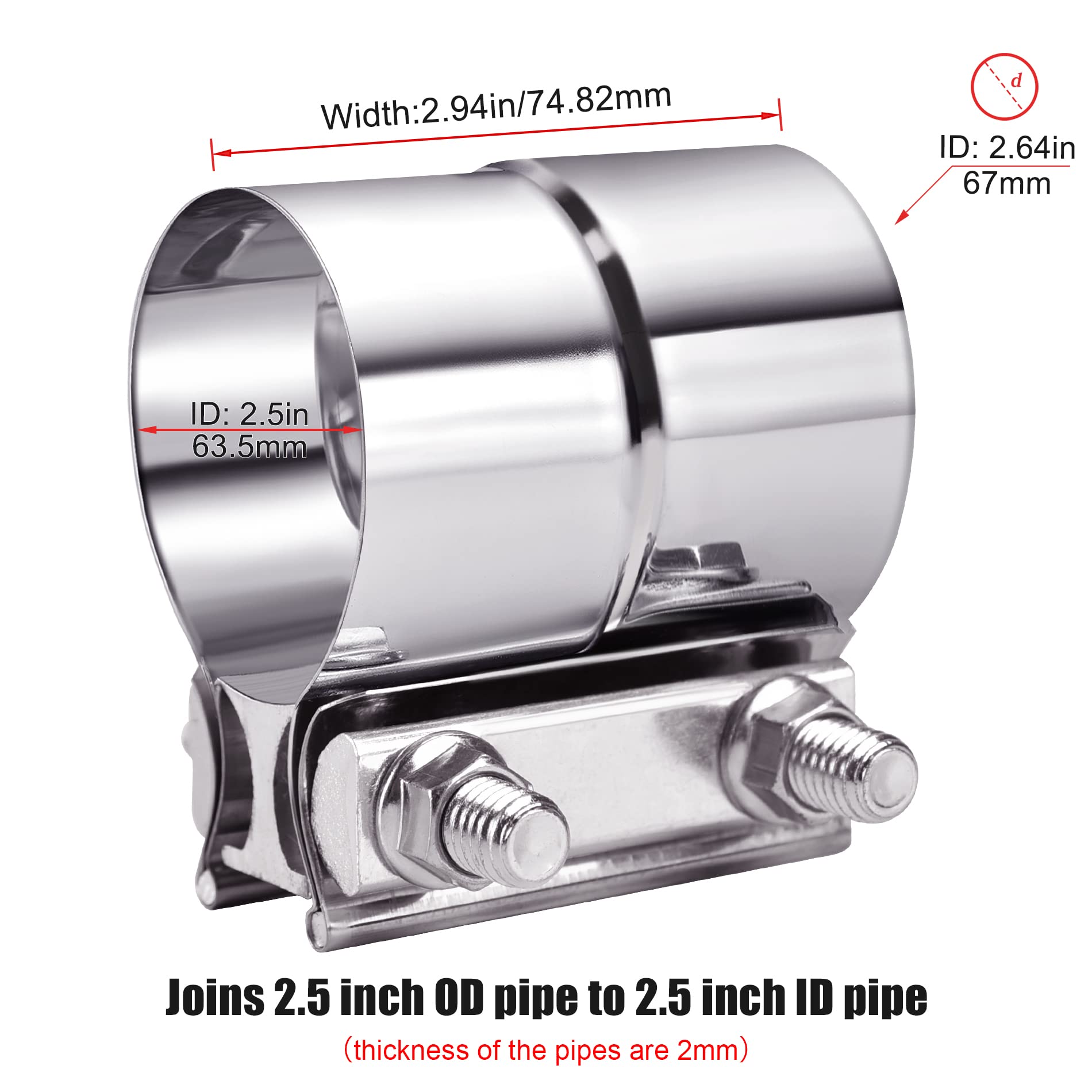 Evil Energy 2.5 Inch Exhaust Clamp, Lap Joint Band Clamp Stainless Steel 2Pcs