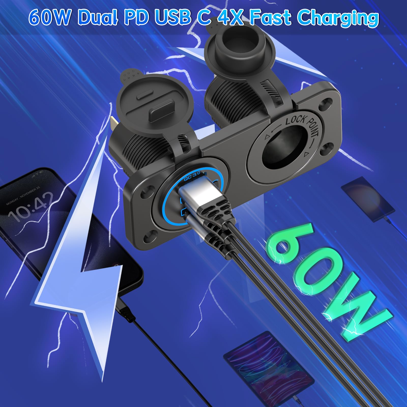 Cigarette Lighter Socket Qidoe 12V Splitter Panel 78W 12V Usb Outlet Dual Usb C Pd&Qc3.0 Car Charger Socket On/Off Switch Waterp