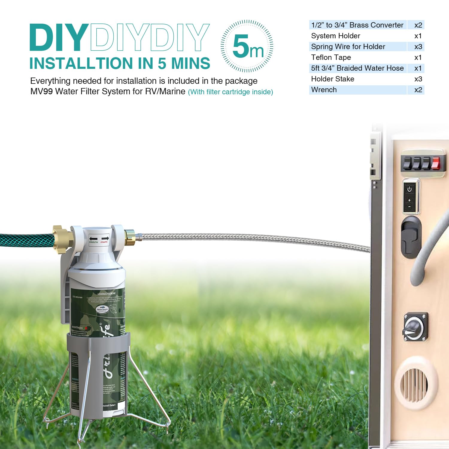 FRIZZLIFE RV Water Filter - NSF/ANSI Certified Inline Hose Filter, 0.5 Micron, Reduces Chlorine & Heavy Metals, Model MV99, Multicolor
