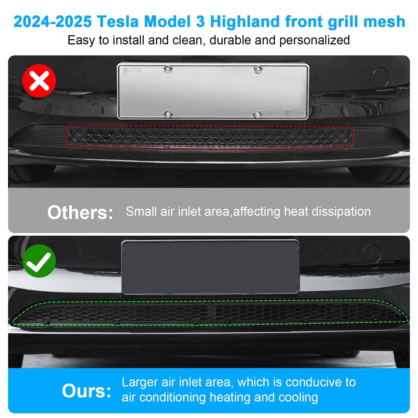 Kunist Grille Mesh Inserts For New Tesla Model 3 Highland Front Air Inlet Vent Grille Cover Replacement For Tesla Model 3 2024 2