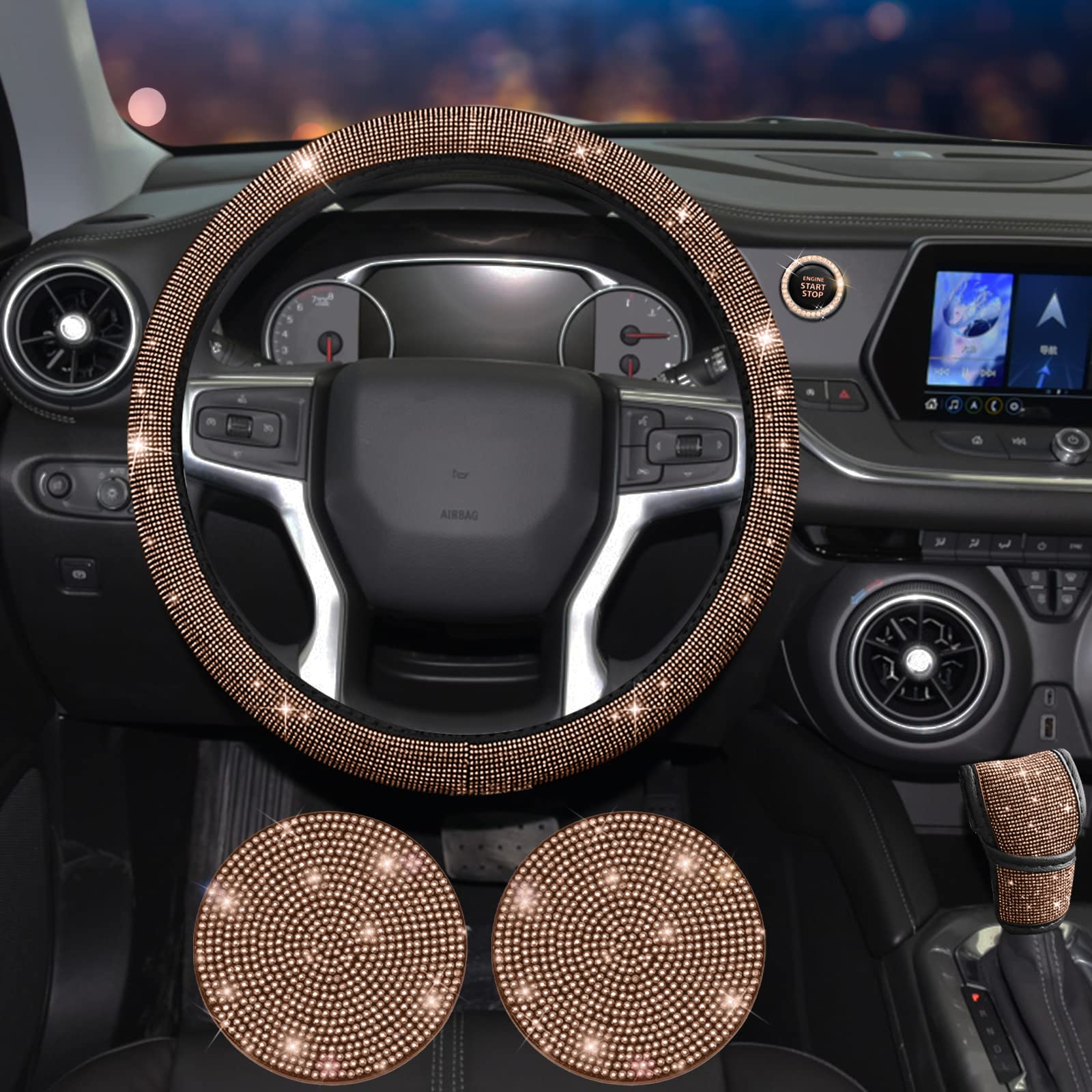 JINGSEN 11 Pcs Bling Car Accessories Set,Bling Car Accessories Set for Women,Steering Wheel Cover for Women Universal Fit 15 Inc