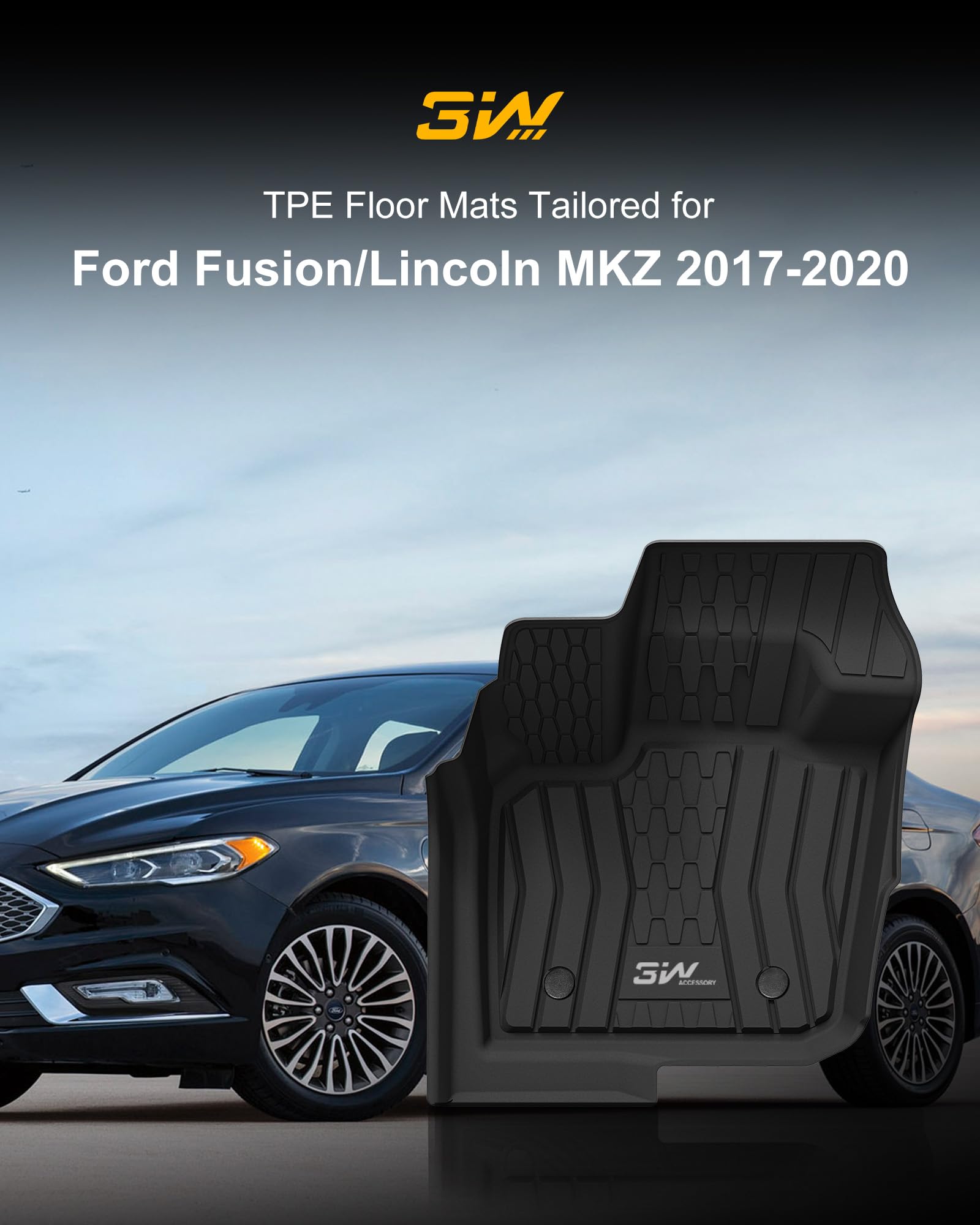 3W Floor Mats Fit Ford Fusion/Lincoln Mkz 2017-2020 All Weather Tpe Custom Fit Floor Liner, 1St And 2Nd Row Full Set Car Liners