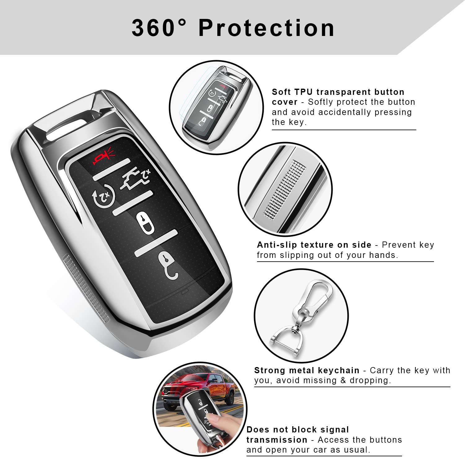 Qbuc For Ram Key Fob Cover With Keychain Clip Soft Tpu Key Case Compatible With 2019 2020 2021 2022 Dodge Ram 1500 2500 3500 4500 5500 Smart Remote Accessories (Silver)