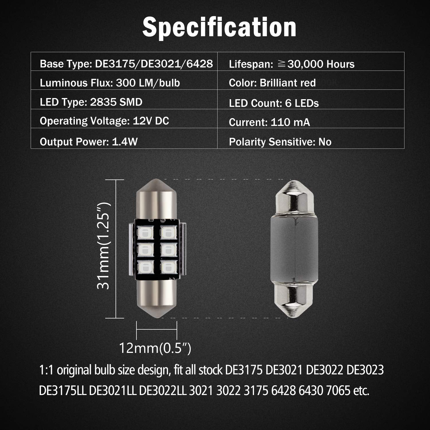 Brishine De3175 Led Bulbs, Super Bright Brilliant Red 2835 Chipsets Canbus Error Free 31Mm 1.25    Festoon De3021 De3022 3175 64