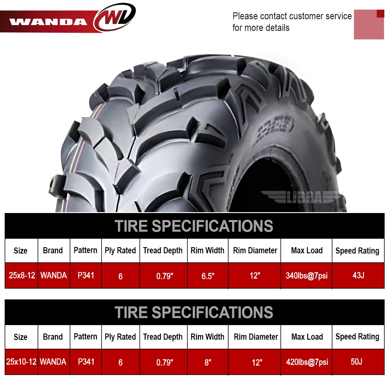 Wanda P341 Atv/Utv Tires 25X8-12 Front & 25X10-12 Rear Solid Mud, Set Of 4