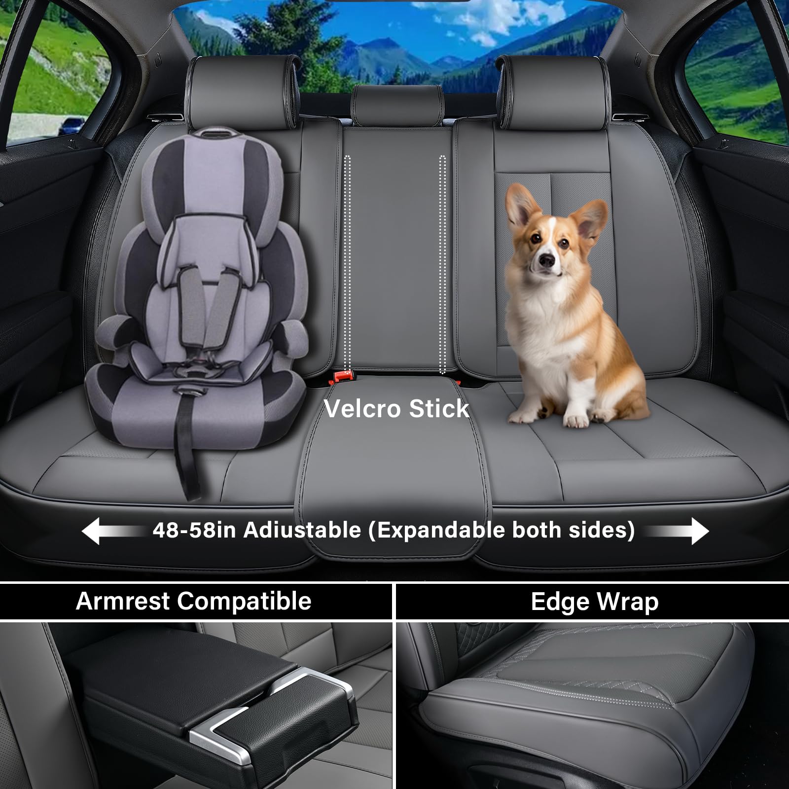 Coverado Car Seat Cover Full Set, Gray Seat Covers Front Seats Back Seat Covers, Nappa Leather Waterproof, Car Seat Cushion, Car