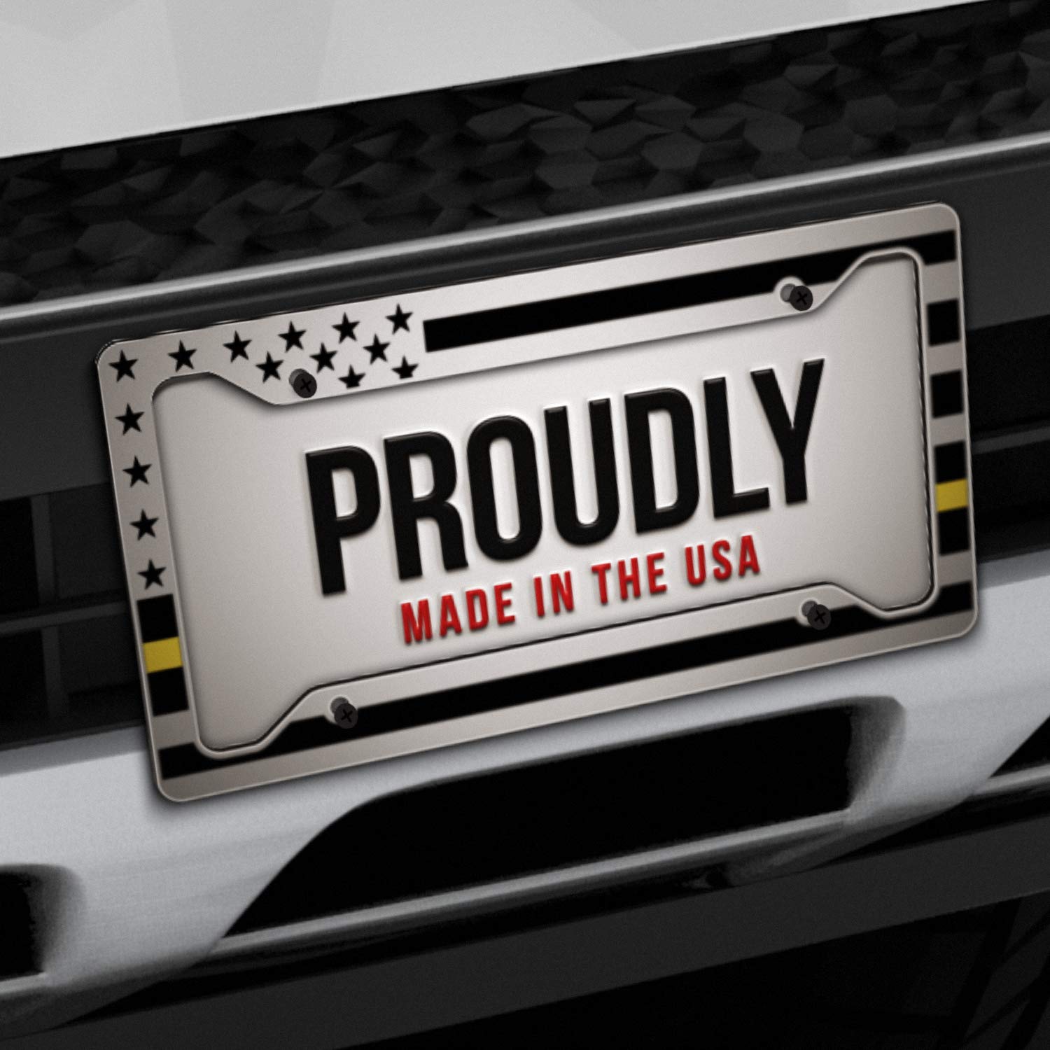 JASS GRAPHIX American Flag License Plate Frame - Yellow Aluminum, White Frame for Security & Tow Truck Drivers