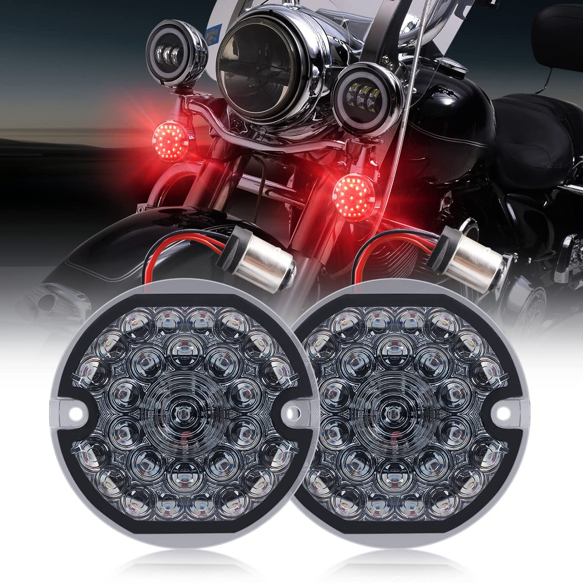 Audexen 3-1/4 Inch Front Led Turn Signal Flat Smoke Lens 1157 Base Amber Lamp Compatible With Harley Motorcycle Road Glide Road